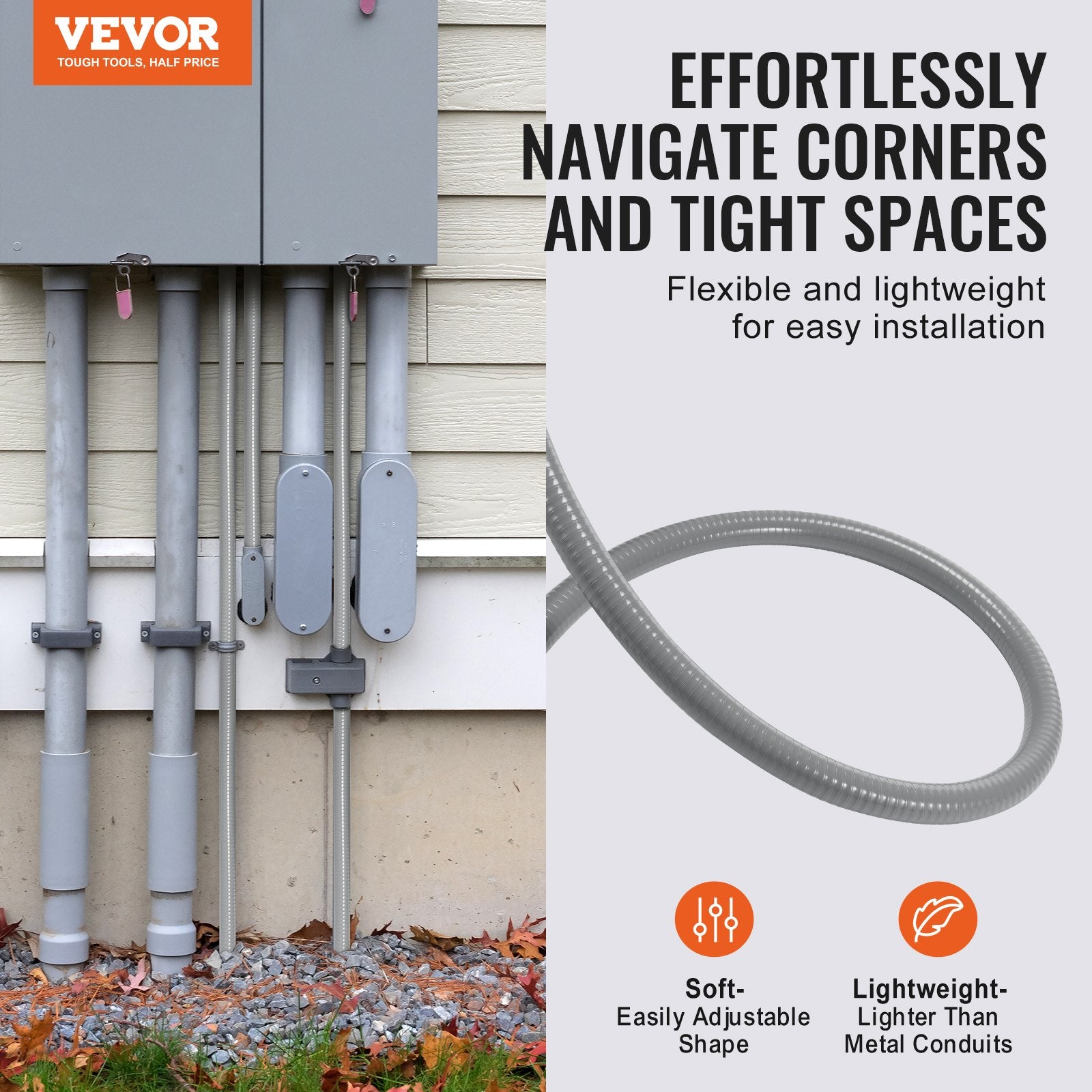 19.1 mm Flexible Electrical Conduit, 30.5 m, PVC Liquid-Tight Conduit Non-Metallic with 5 Straight and 5 90-Degree Conduit Connector Fittings, for Air Conditioning Motor Controller Pump, IP65