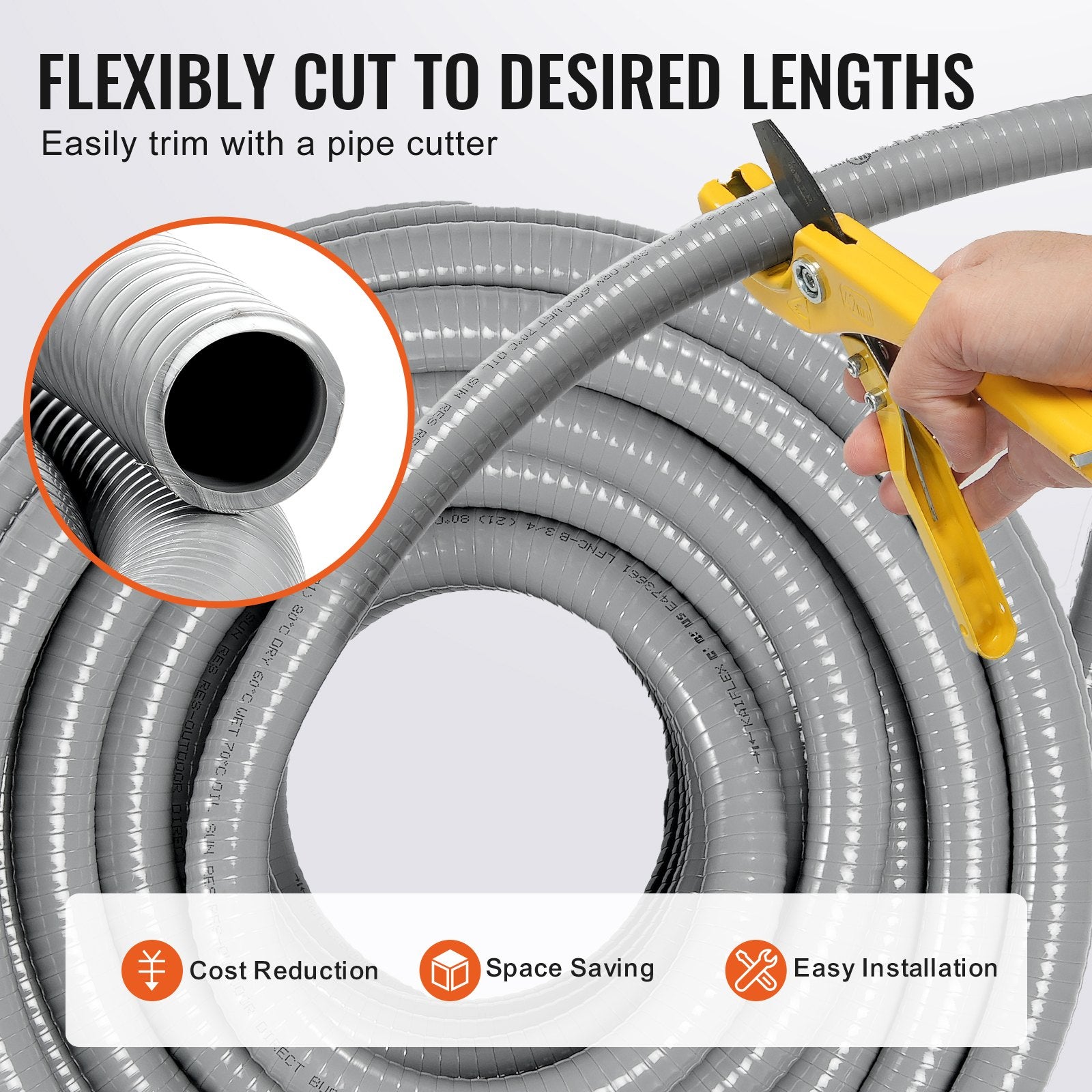 19.1 mm Flexible Electrical Conduit, 30.5 m, PVC Liquid-Tight Conduit Non-Metallic with 5 Straight and 5 90-Degree Conduit Connector Fittings, for Air Conditioning Motor Controller Pump, IP65