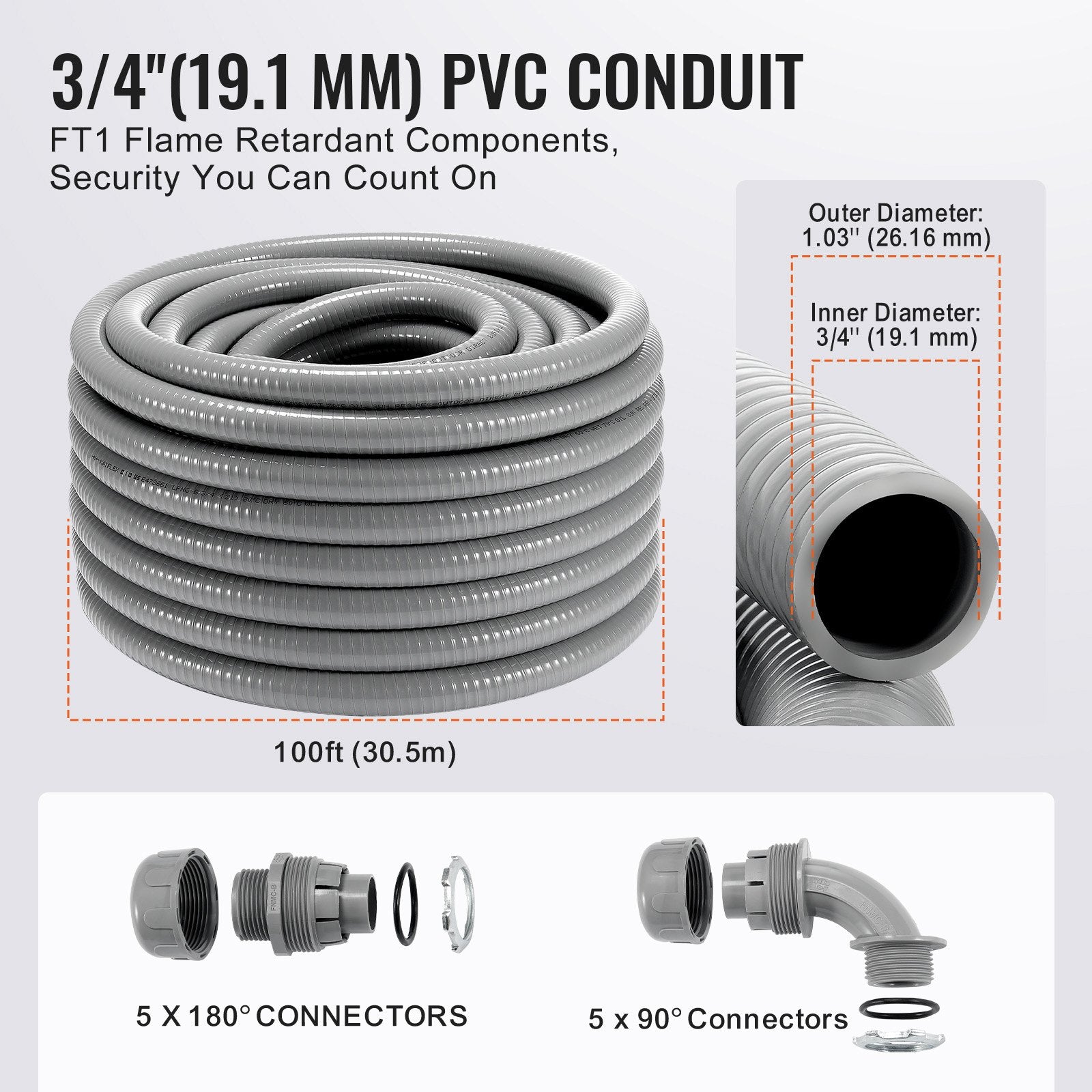 19.1 mm Flexible Electrical Conduit, 30.5 m, PVC Liquid-Tight Conduit Non-Metallic with 5 Straight and 5 90-Degree Conduit Connector Fittings, for Air Conditioning Motor Controller Pump, IP65