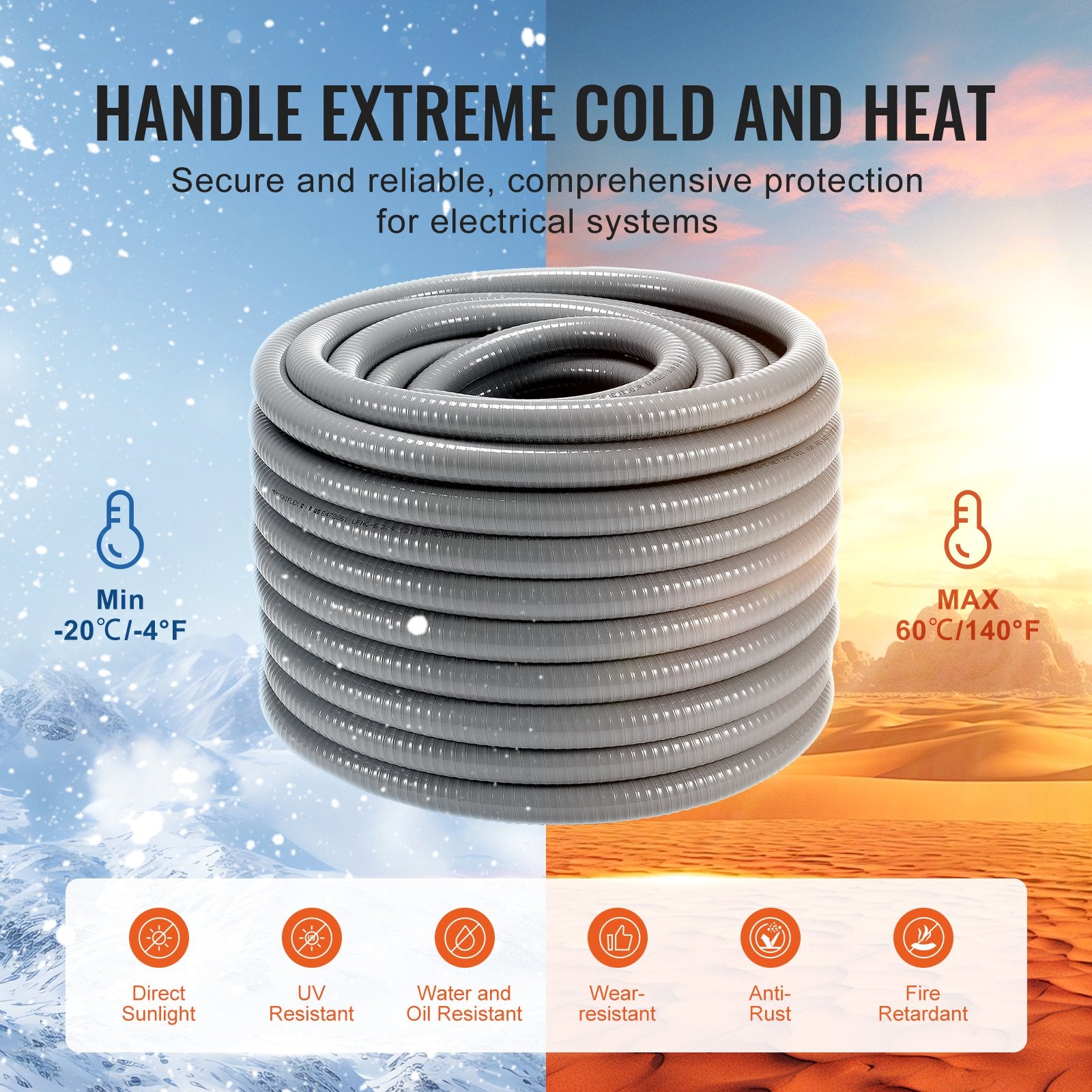 19.1 mm Flexible Electrical Conduit, 30.5 m, PVC Liquid-Tight Conduit Non-Metallic with 5 Straight and 5 90-Degree Conduit Connector Fittings, for Air Conditioning Motor Controller Pump, IP65