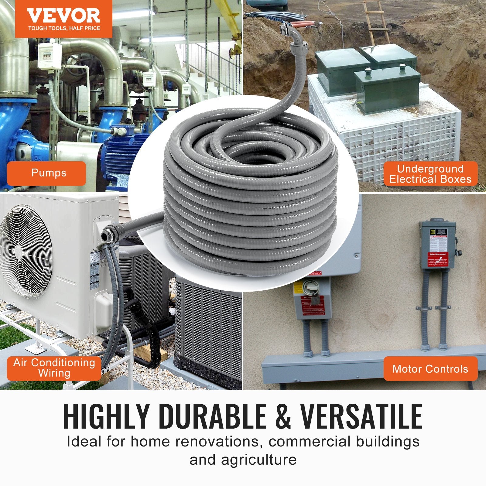 19.1 mm Flexible Electrical Conduit, 30.5 m, PVC Liquid-Tight Conduit Non-Metallic with 5 Straight and 5 90-Degree Conduit Connector Fittings, for Air Conditioning Motor Controller Pump, IP65