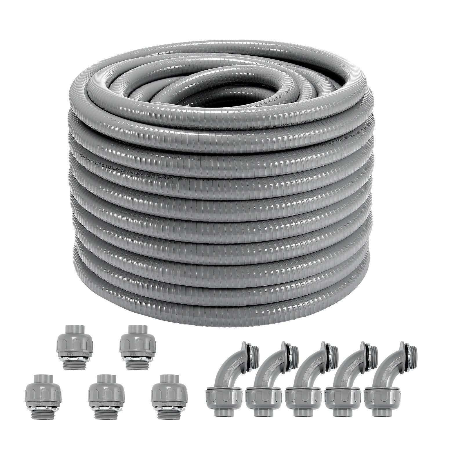 19.1 mm Flexible Electrical Conduit, 30.5 m, PVC Liquid-Tight Conduit Non-Metallic with 5 Straight and 5 90-Degree Conduit Connector Fittings, for Air Conditioning Motor Controller Pump, IP65