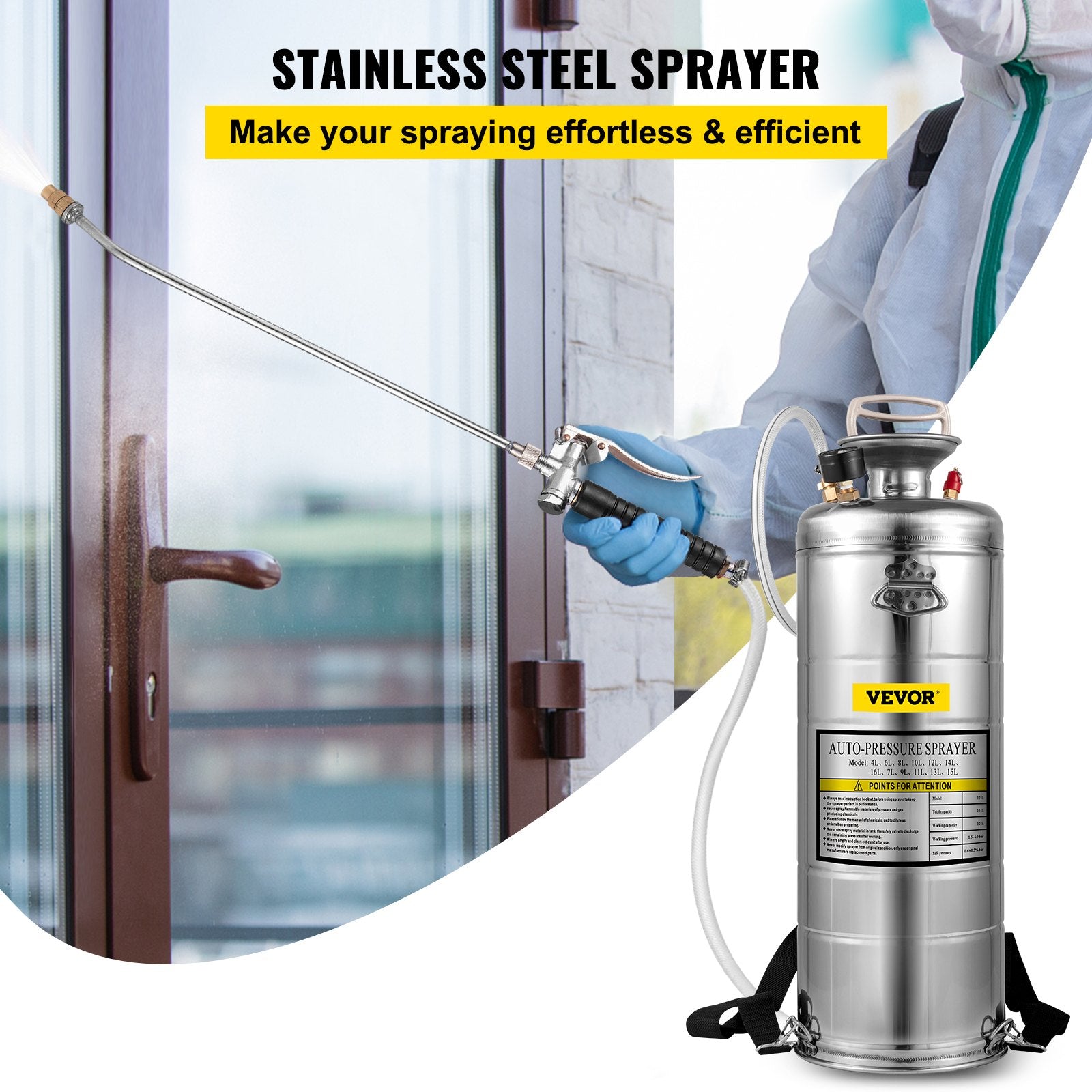 3.5Gal Stainless Steel Sprayer,l Set with 20" Wand& Handle& 3FT Reinforced Hose, Hand Pump Sprayer with Pressure Gauge&Safety Valve, Adjustable Nozzle Suitable for Gardening& Sanitizing