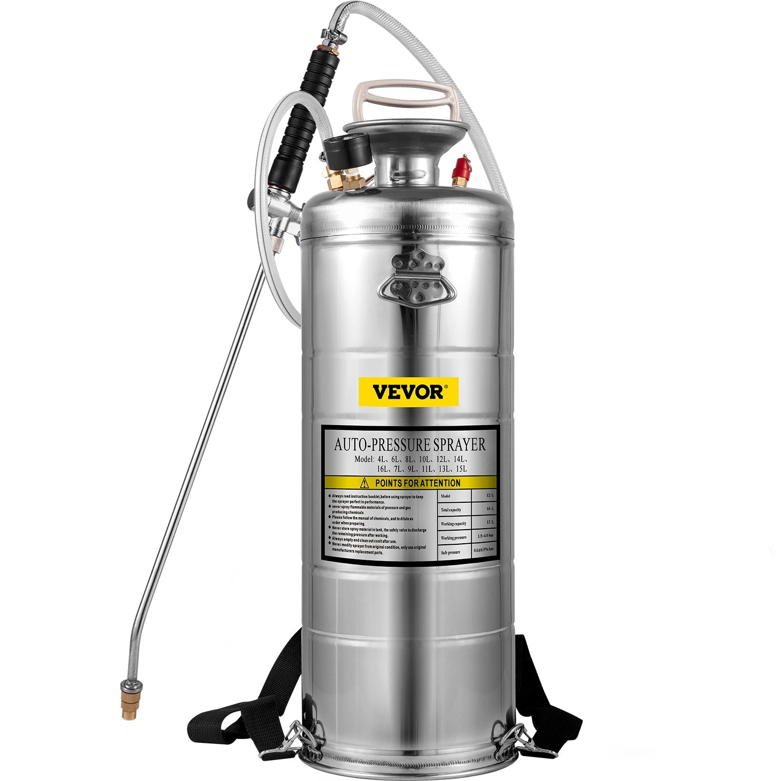 3.5Gal Stainless Steel Sprayer,l Set with 20" Wand& Handle& 3FT Reinforced Hose, Hand Pump Sprayer with Pressure Gauge&Safety Valve, Adjustable Nozzle Suitable for Gardening& Sanitizing