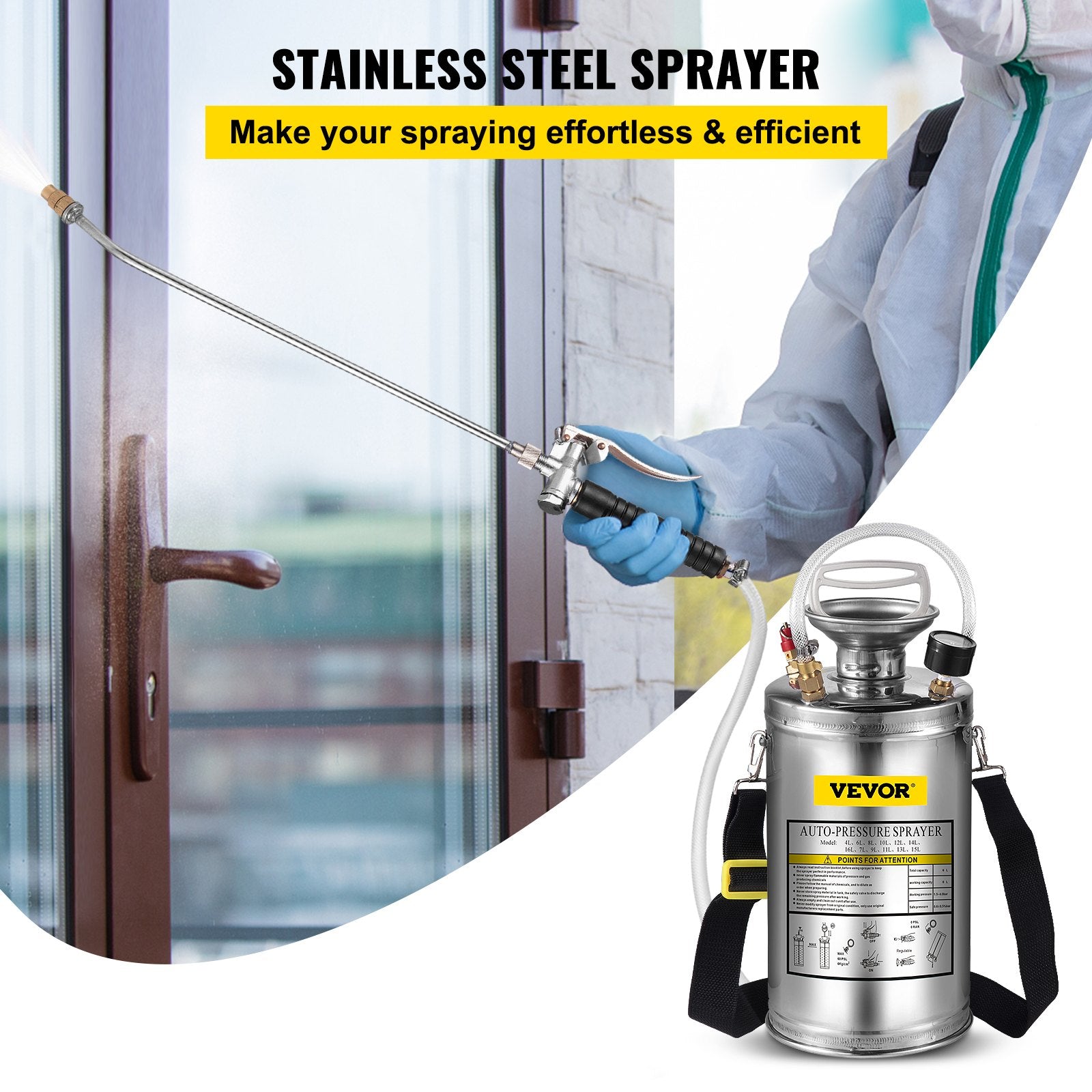1.5Gal Stainless Steel Sprayer, Set with 16" Wand& Handle& 3.3FT Reinforced Hose, Hand Pump Sprayer with Pressure Gauge&Safety Valve, Adjustable Nozzle Suitable for Gardening& Sanitizing