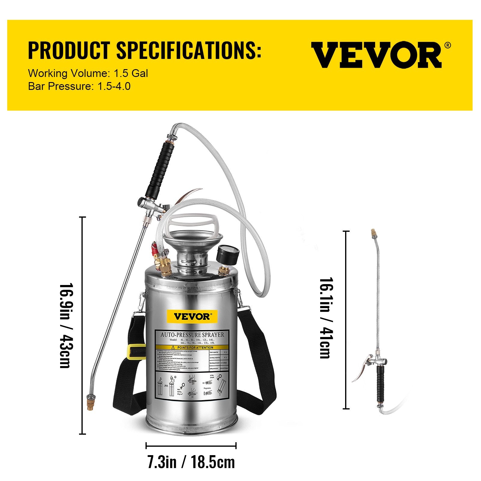 1.5Gal Stainless Steel Sprayer, Set with 16" Wand& Handle& 3.3FT Reinforced Hose, Hand Pump Sprayer with Pressure Gauge&Safety Valve, Adjustable Nozzle Suitable for Gardening& Sanitizing