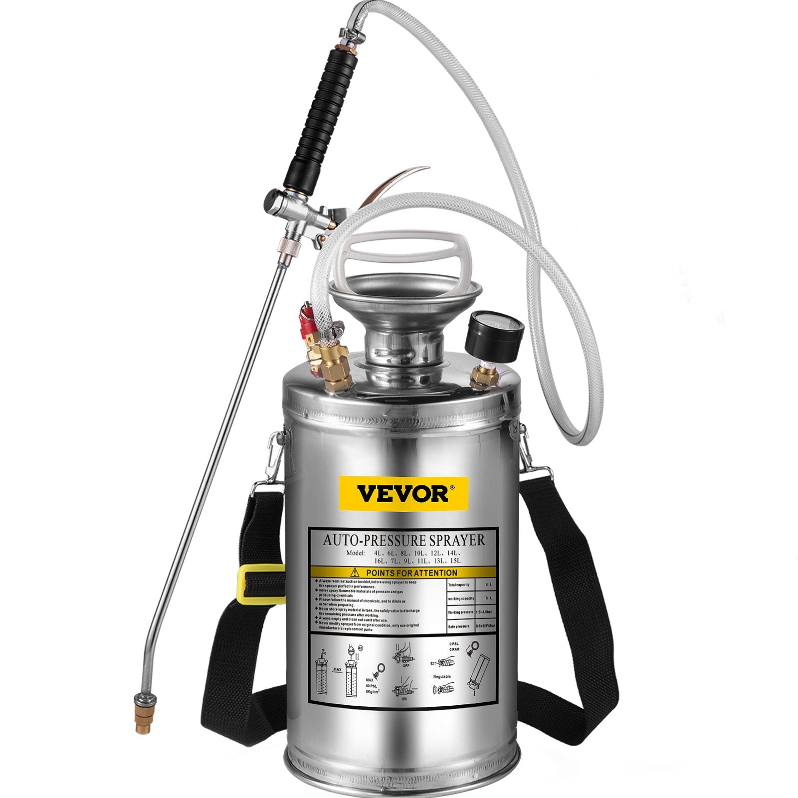 1.5Gal Stainless Steel Sprayer, Set with 16" Wand& Handle& 3.3FT Reinforced Hose, Hand Pump Sprayer with Pressure Gauge&Safety Valve, Adjustable Nozzle Suitable for Gardening& Sanitizing