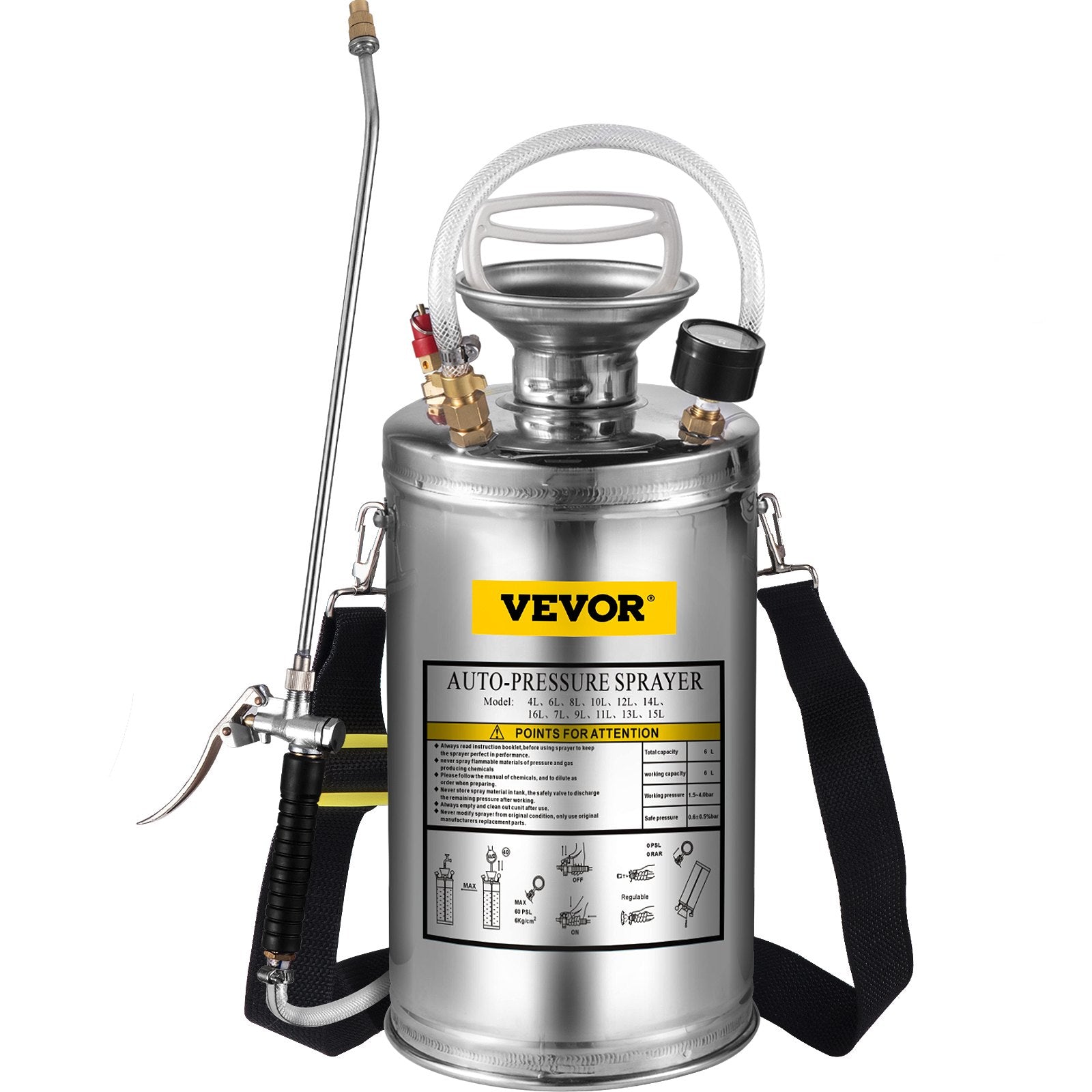 1.5Gal Stainless Steel Sprayer, Set with 16" Wand& Handle& 3.3FT Reinforced Hose, Hand Pump Sprayer with Pressure Gauge&Safety Valve, Adjustable Nozzle Suitable for Gardening& Sanitizing