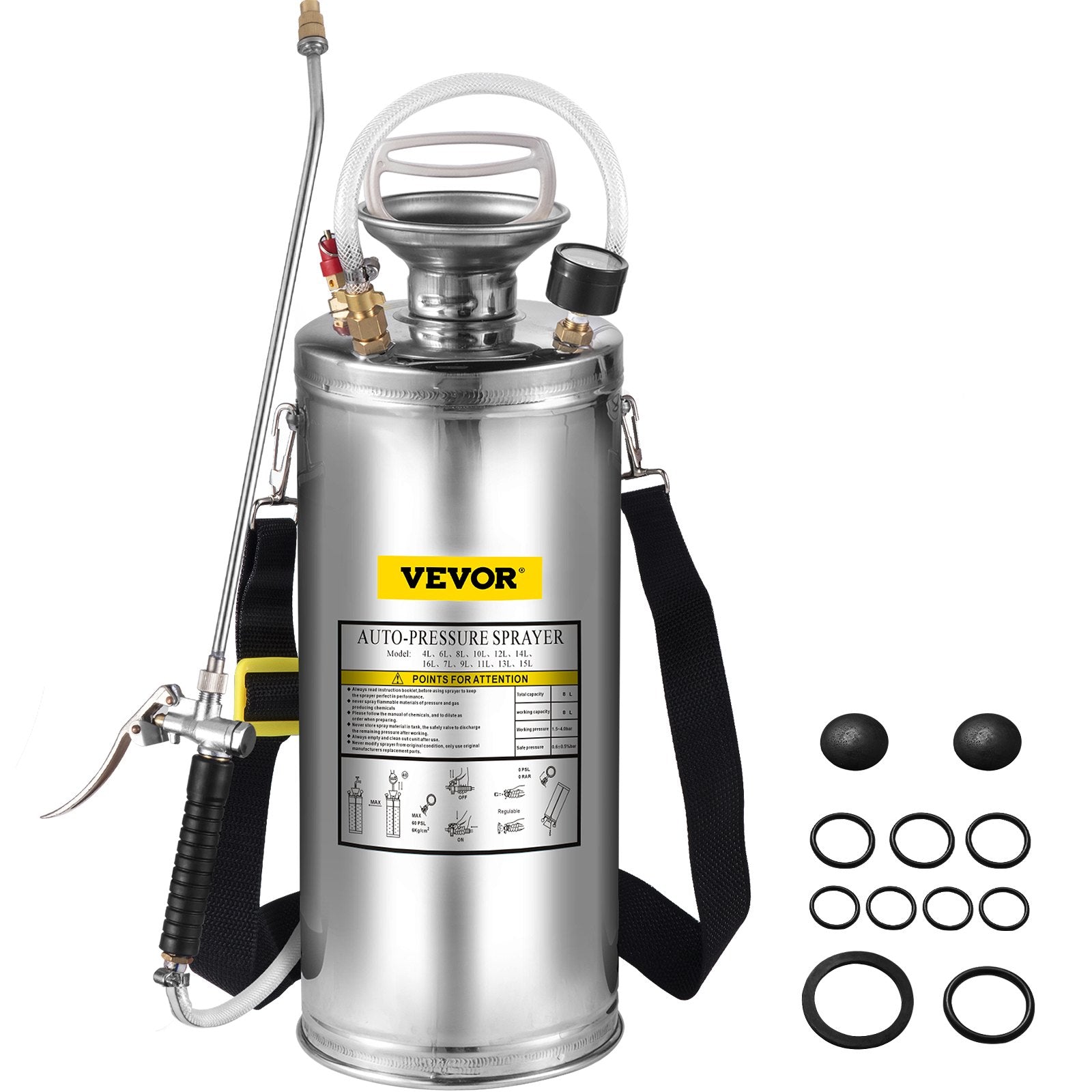 2Gal Stainless Steel Sprayer, Set with 20"" Wand& Handle& 3FT Reinforced Hose, Hand Pump Sprayer with Pressure Gauge&Safety Valve, Adjustable Nozzle Suitable for Gardening and Sanitizing