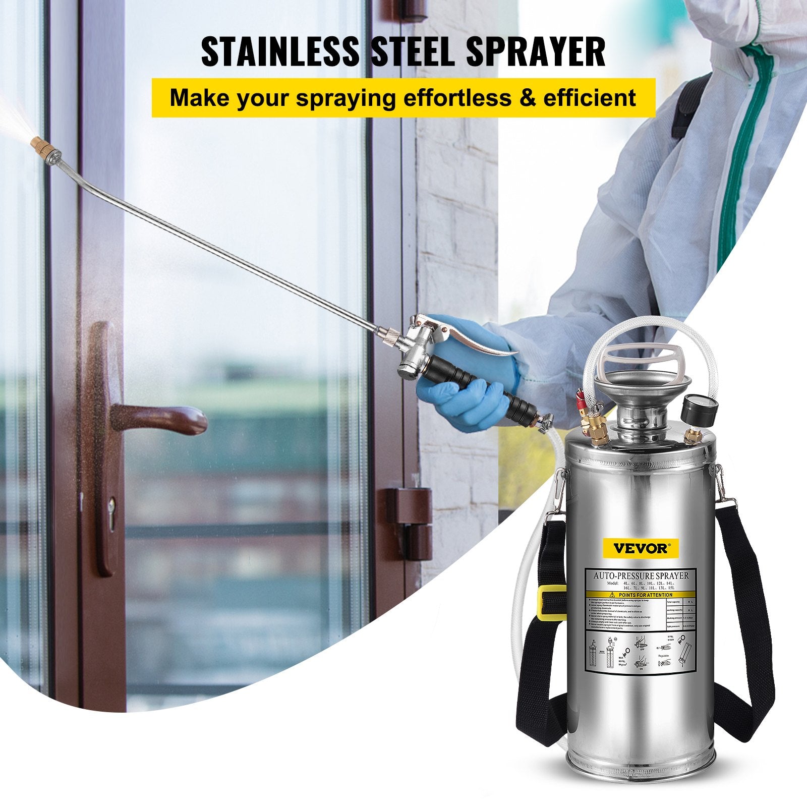 2Gal Stainless Steel Sprayer, Set with 20"" Wand& Handle& 3FT Reinforced Hose, Hand Pump Sprayer with Pressure Gauge&Safety Valve, Adjustable Nozzle Suitable for Gardening and Sanitizing