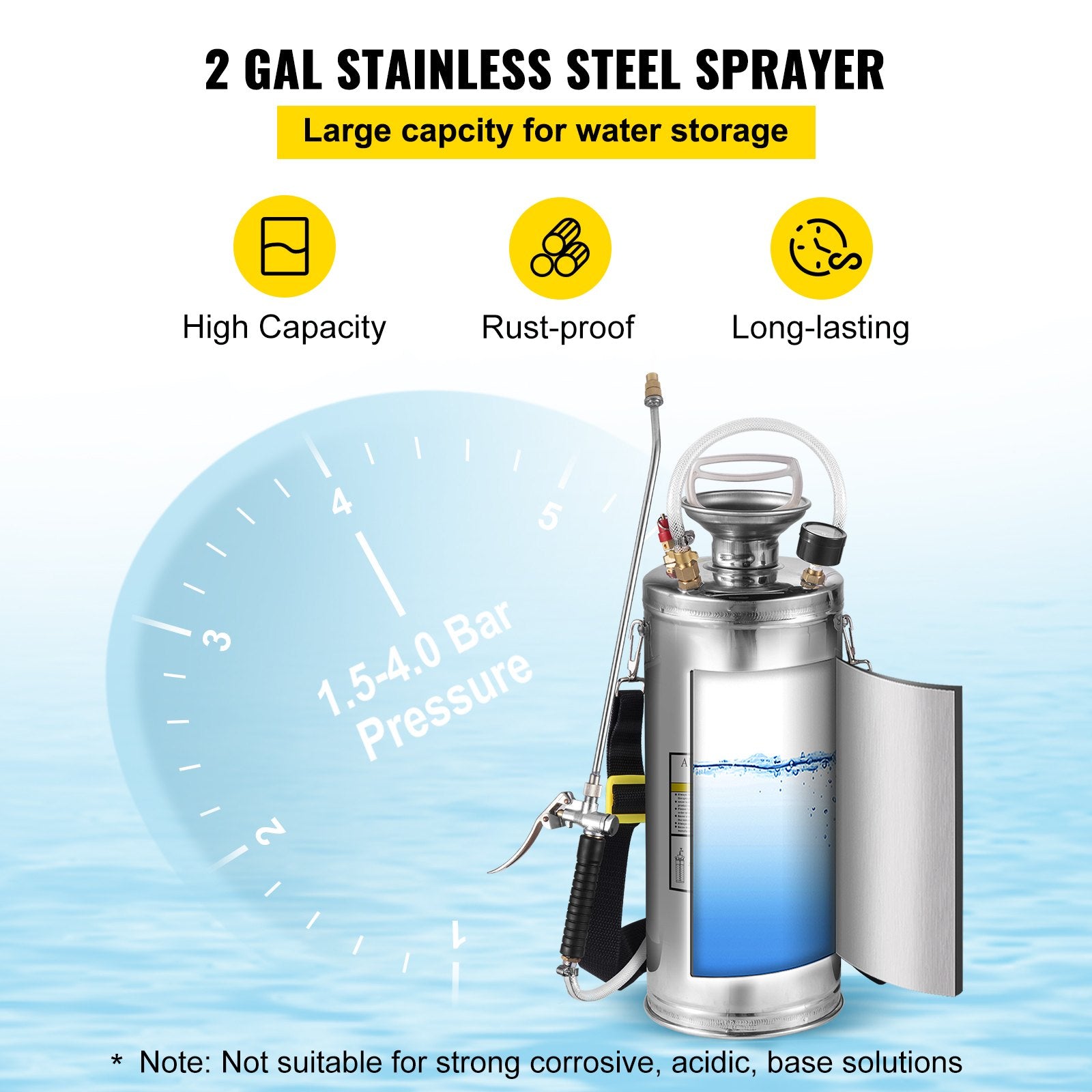 2Gal Stainless Steel Sprayer, Set with 20"" Wand& Handle& 3FT Reinforced Hose, Hand Pump Sprayer with Pressure Gauge&Safety Valve, Adjustable Nozzle Suitable for Gardening and Sanitizing