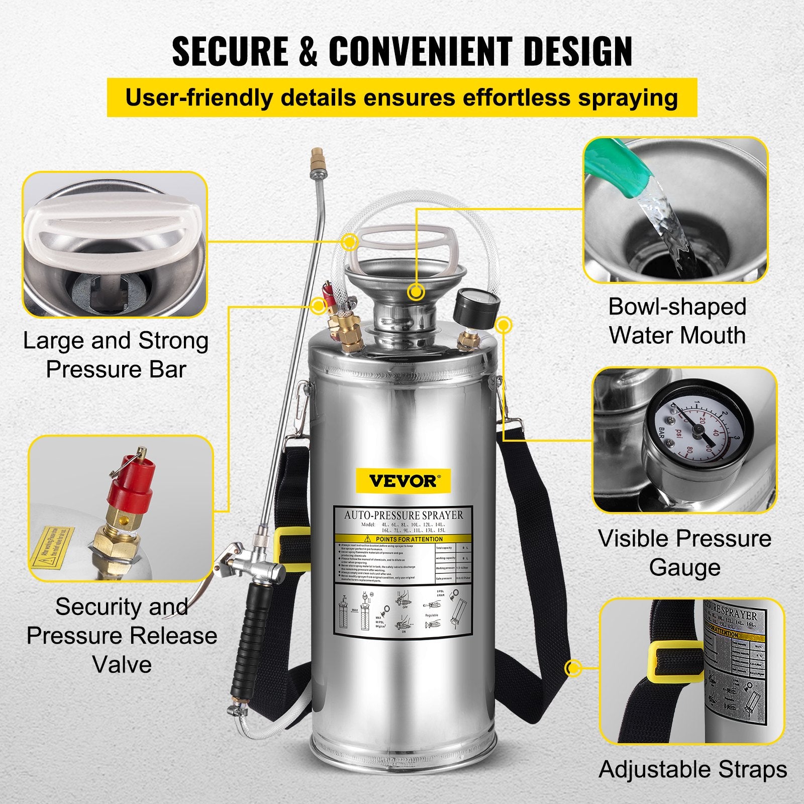 2Gal Stainless Steel Sprayer, Set with 20"" Wand& Handle& 3FT Reinforced Hose, Hand Pump Sprayer with Pressure Gauge&Safety Valve, Adjustable Nozzle Suitable for Gardening and Sanitizing