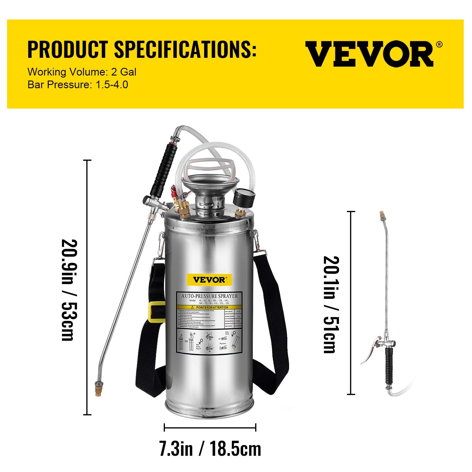 2Gal Stainless Steel Sprayer, Set with 20"" Wand& Handle& 3FT Reinforced Hose, Hand Pump Sprayer with Pressure Gauge&Safety Valve, Adjustable Nozzle Suitable for Gardening and Sanitizing