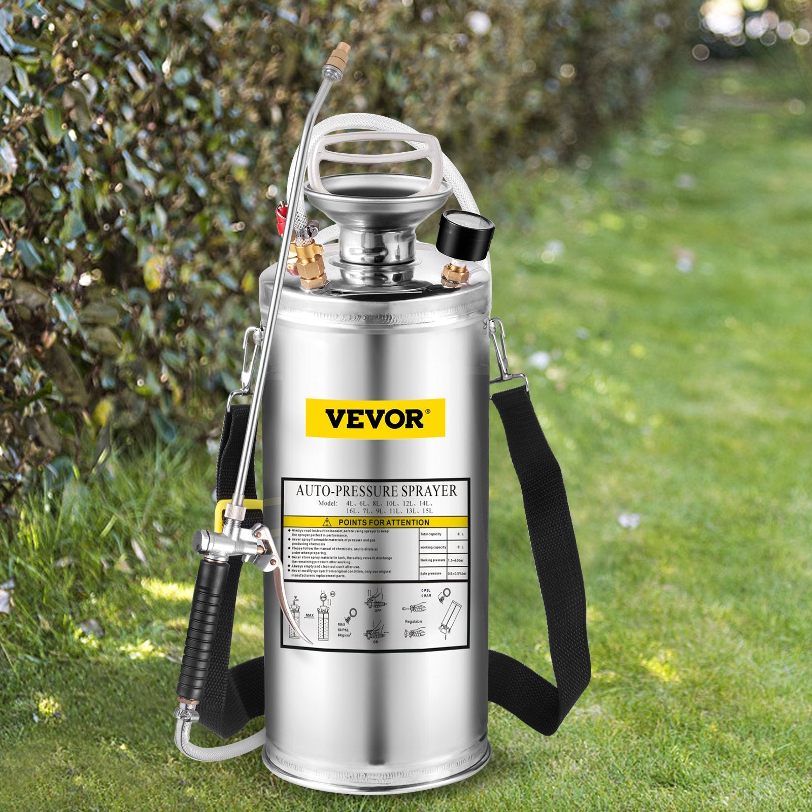 2Gal Stainless Steel Sprayer, Set with 20"" Wand& Handle& 3FT Reinforced Hose, Hand Pump Sprayer with Pressure Gauge&Safety Valve, Adjustable Nozzle Suitable for Gardening and Sanitizing
