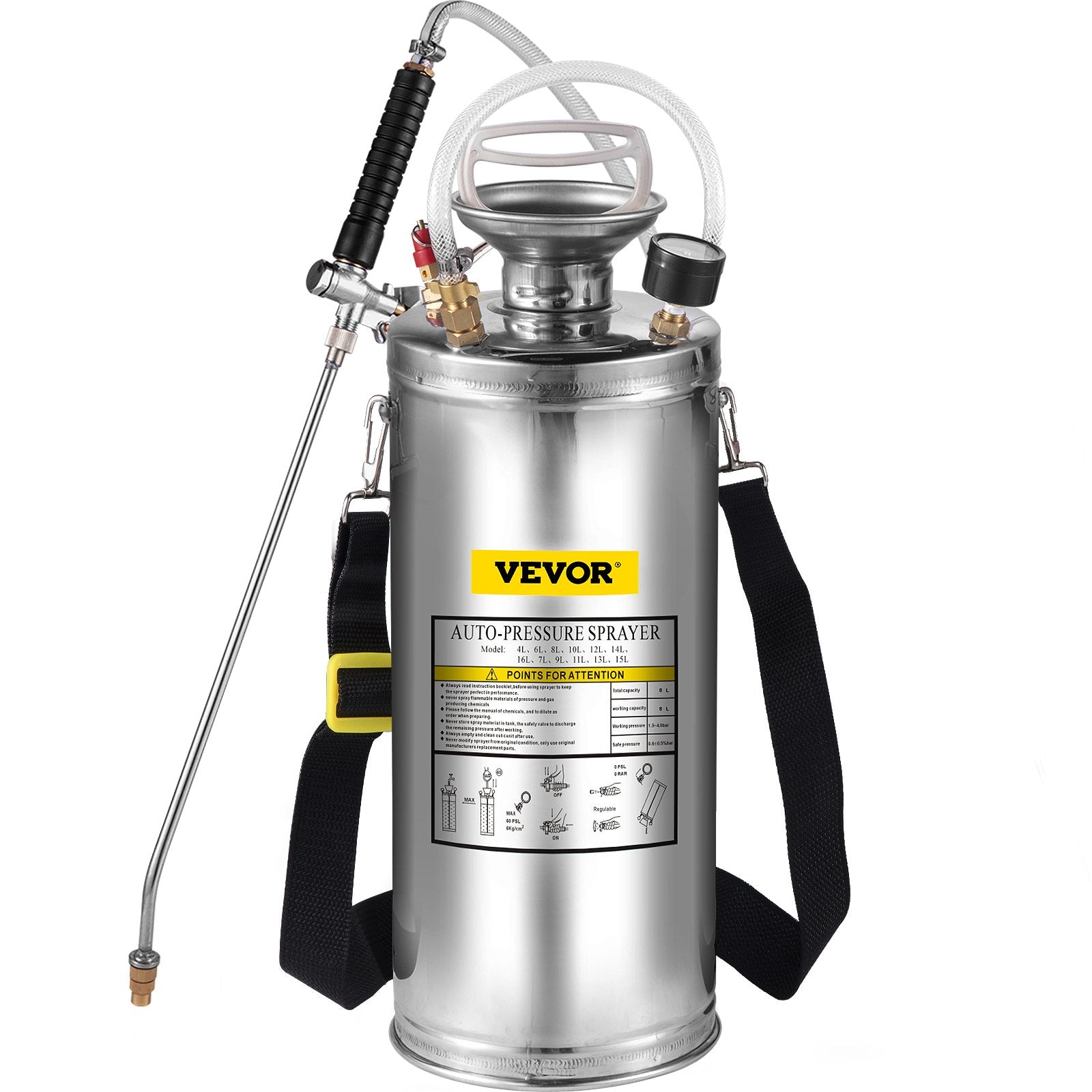 2Gal Stainless Steel Sprayer, Set with 20"" Wand& Handle& 3FT Reinforced Hose, Hand Pump Sprayer with Pressure Gauge&Safety Valve, Adjustable Nozzle Suitable for Gardening and Sanitizing