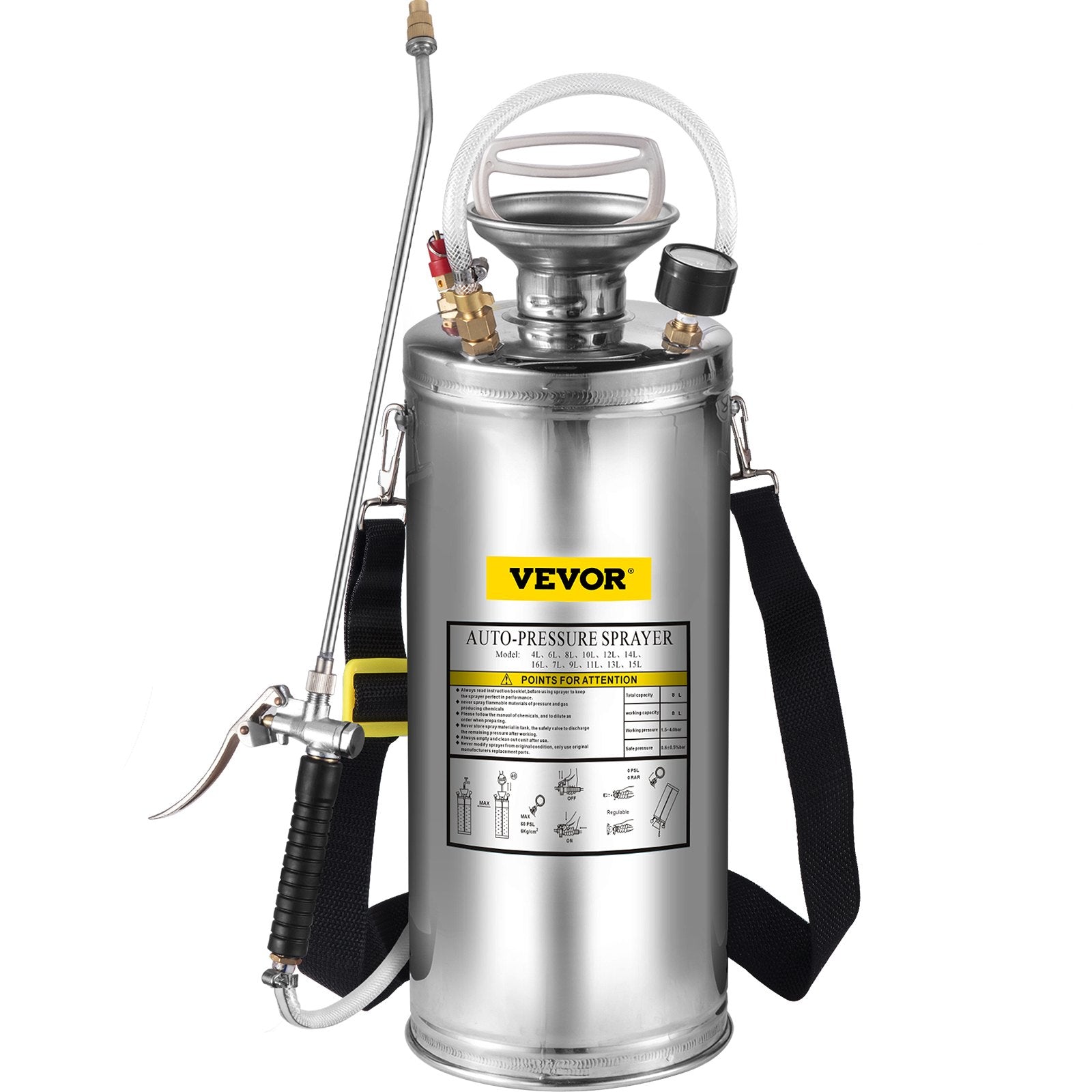 2Gal Stainless Steel Sprayer, Set with 20"" Wand& Handle& 3FT Reinforced Hose, Hand Pump Sprayer with Pressure Gauge&Safety Valve, Adjustable Nozzle Suitable for Gardening and Sanitizing