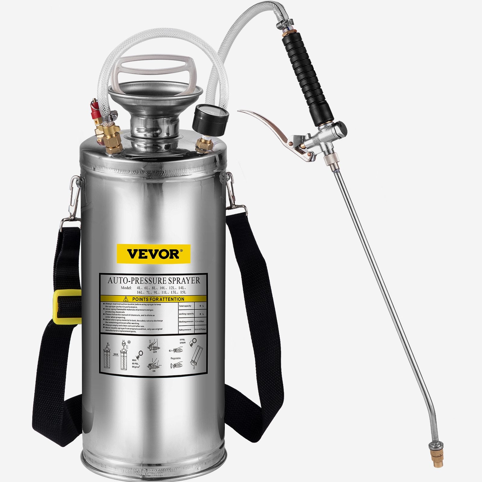 2Gal Stainless Steel Sprayer, Set with 20"" Wand& Handle& 3FT Reinforced Hose, Hand Pump Sprayer with Pressure Gauge&Safety Valve, Adjustable Nozzle Suitable for Gardening and Sanitizing