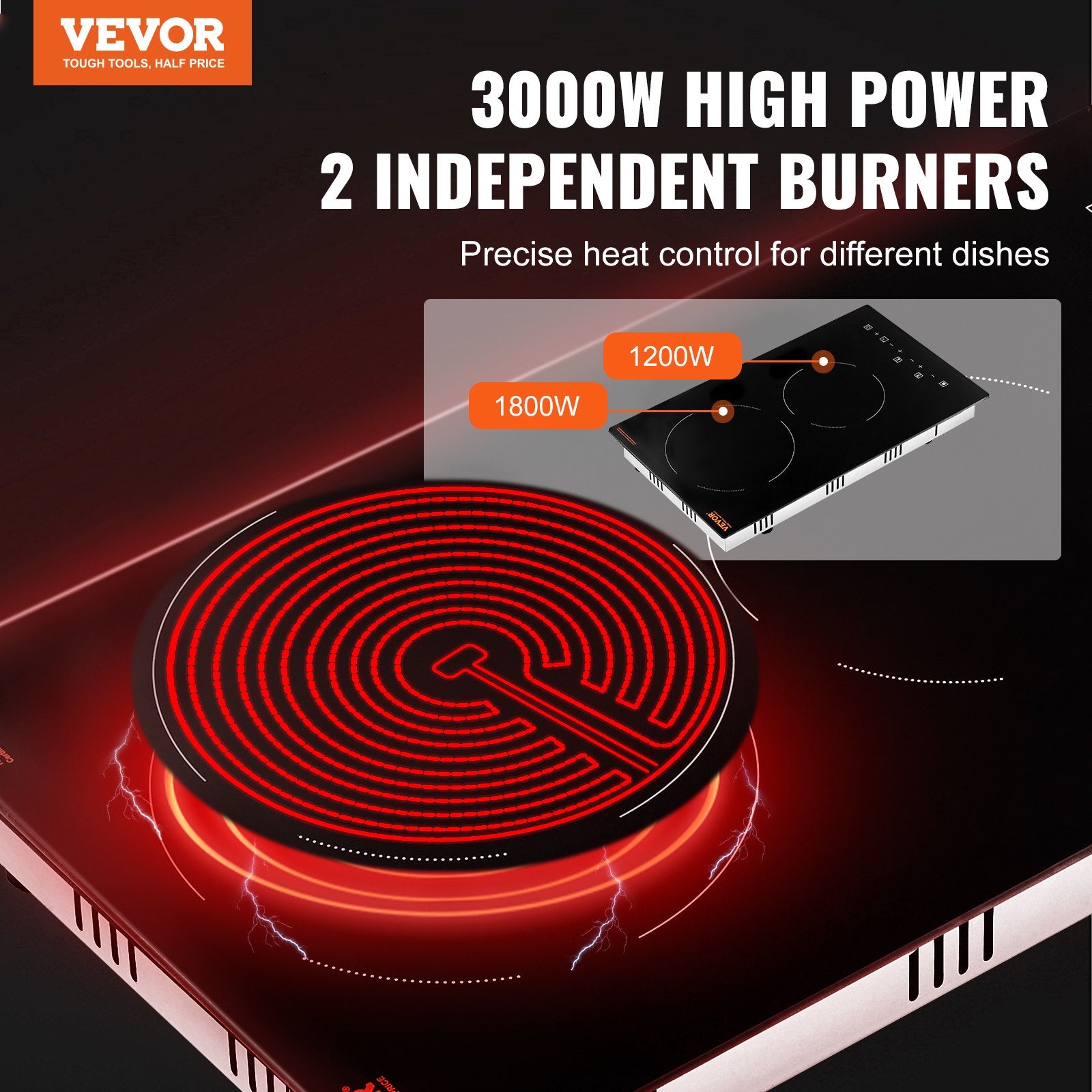 Food Warmers & Chafing Dishes: VEVOR Electric Cooktop, 12 inch 2 Burners Built-in Electric Stove Top, 3000W Ceramic Radiant Cooktop with Glass Panel, Touch Control, Timer, Child Lock, 9 Heat Level, Residual Heat Indicator, 220-240V