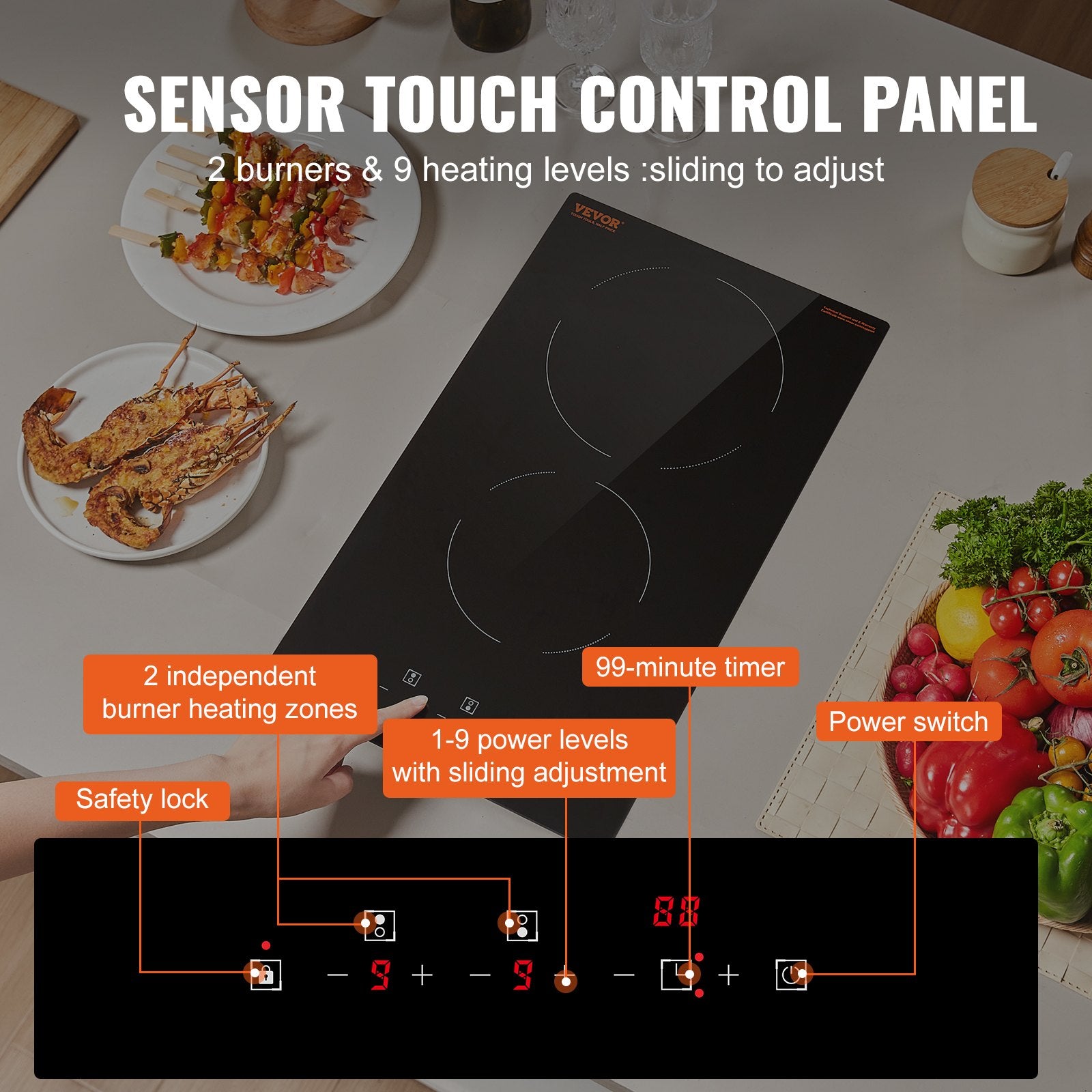 Food Warmers & Chafing Dishes: VEVOR Electric Cooktop, 12 inch 2 Burners Built-in Electric Stove Top, 3000W Ceramic Radiant Cooktop with Glass Panel, Touch Control, Timer, Child Lock, 9 Heat Level, Residual Heat Indicator, 220-240V
