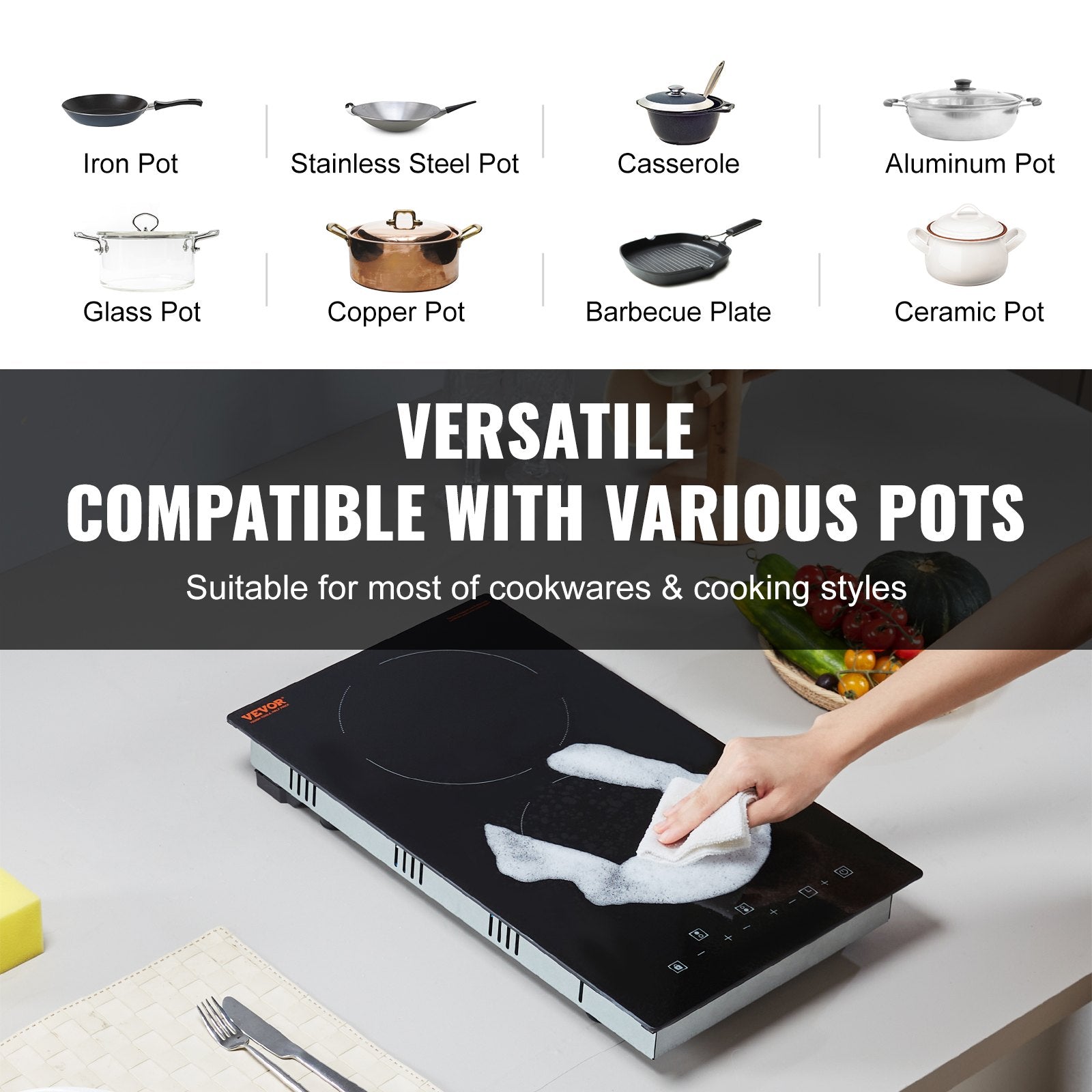 Food Warmers & Chafing Dishes: VEVOR Electric Cooktop, 12 inch 2 Burners Built-in Electric Stove Top, 3000W Ceramic Radiant Cooktop with Glass Panel, Touch Control, Timer, Child Lock, 9 Heat Level, Residual Heat Indicator, 220-240V
