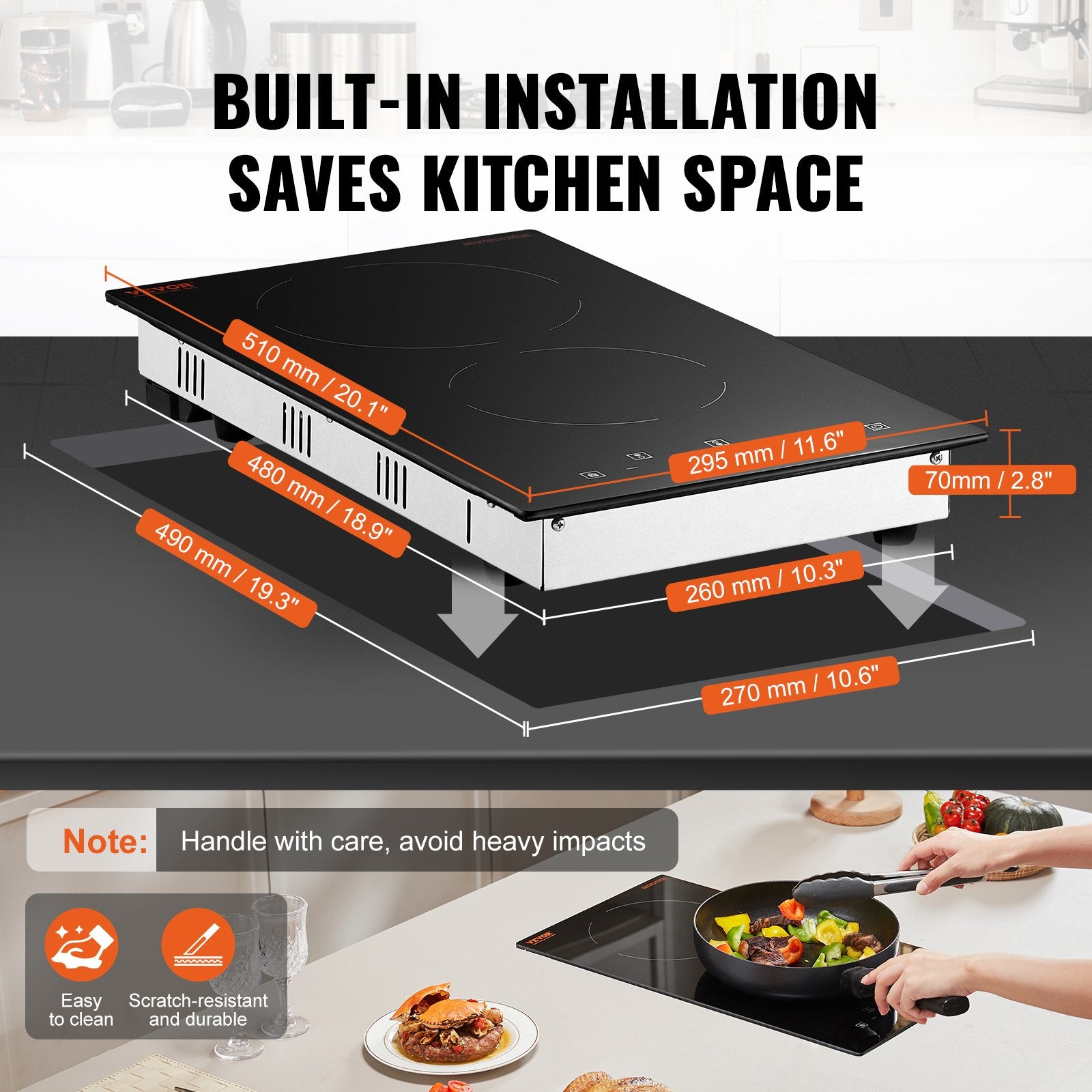 Food Warmers & Chafing Dishes: VEVOR Electric Cooktop, 12 inch 2 Burners Built-in Electric Stove Top, 3000W Ceramic Radiant Cooktop with Glass Panel, Touch Control, Timer, Child Lock, 9 Heat Level, Residual Heat Indicator, 220-240V