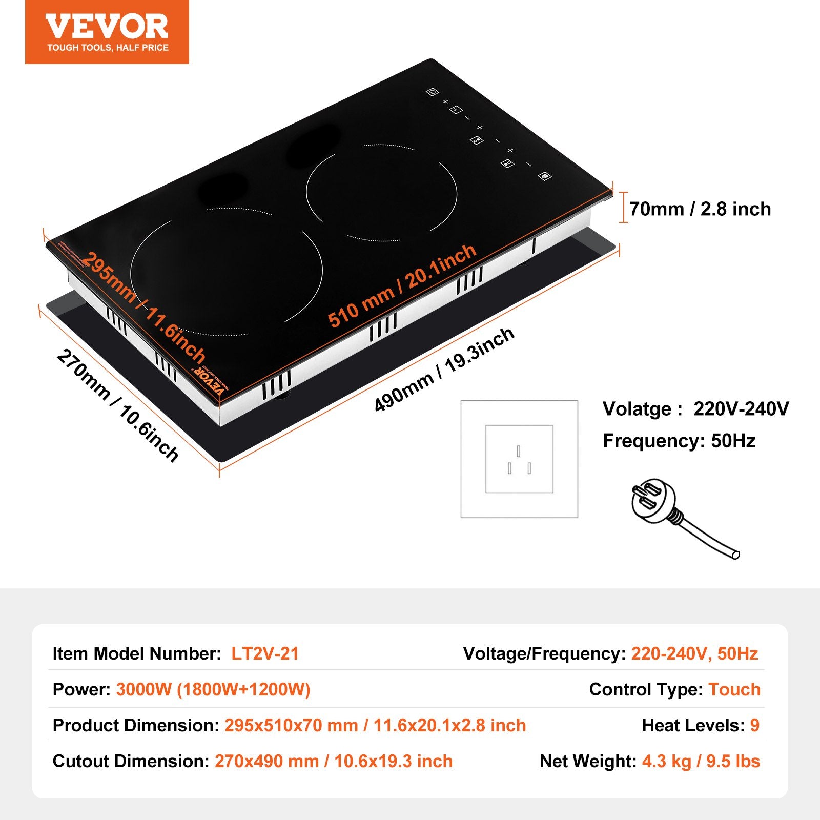 Food Warmers & Chafing Dishes: VEVOR Electric Cooktop, 12 inch 2 Burners Built-in Electric Stove Top, 3000W Ceramic Radiant Cooktop with Glass Panel, Touch Control, Timer, Child Lock, 9 Heat Level, Residual Heat Indicator, 220-240V