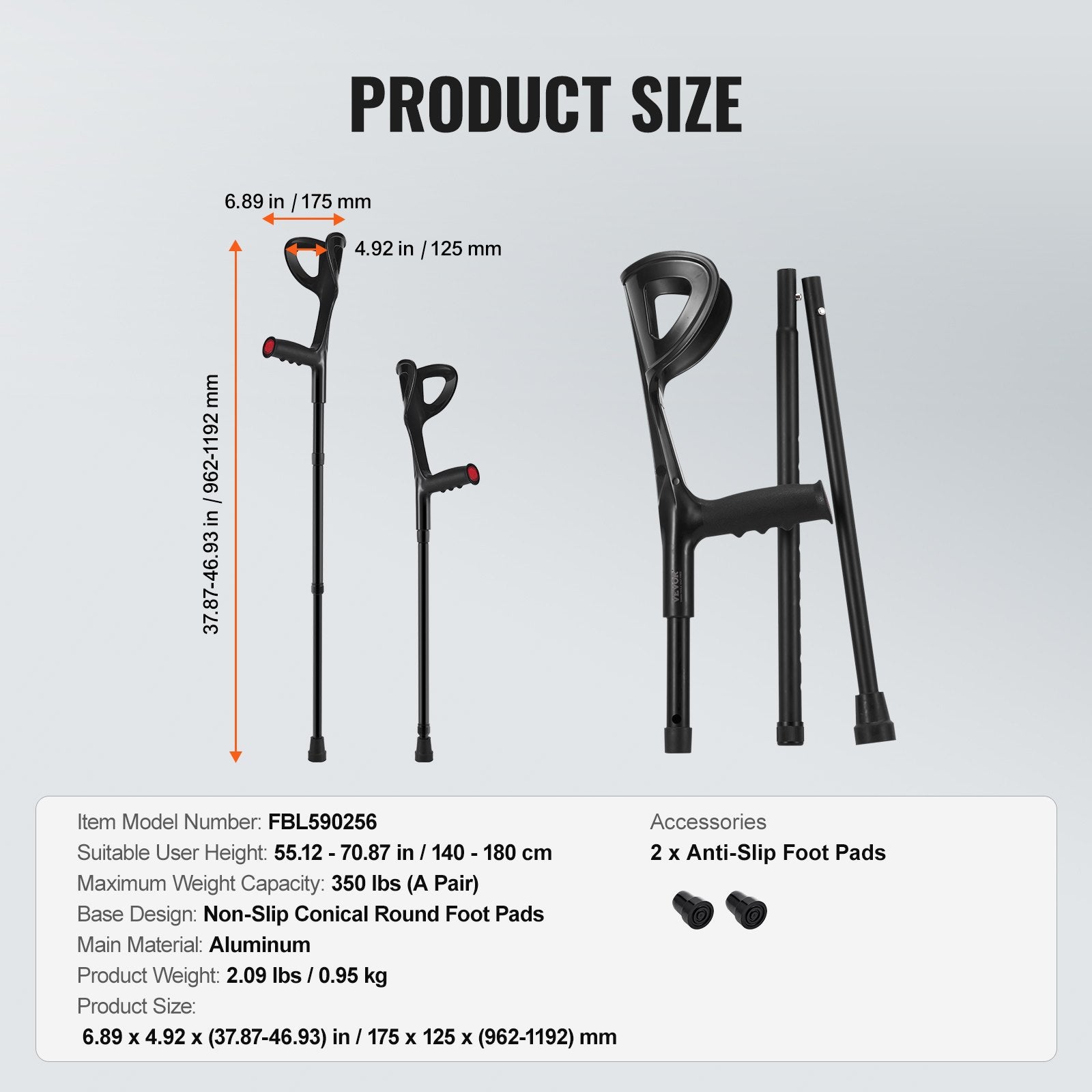 Mobility & Accessibility: VEVOR Forearm Crutches 10-Level Height Adjustable Walking Crutches 1 Pair 350LBS