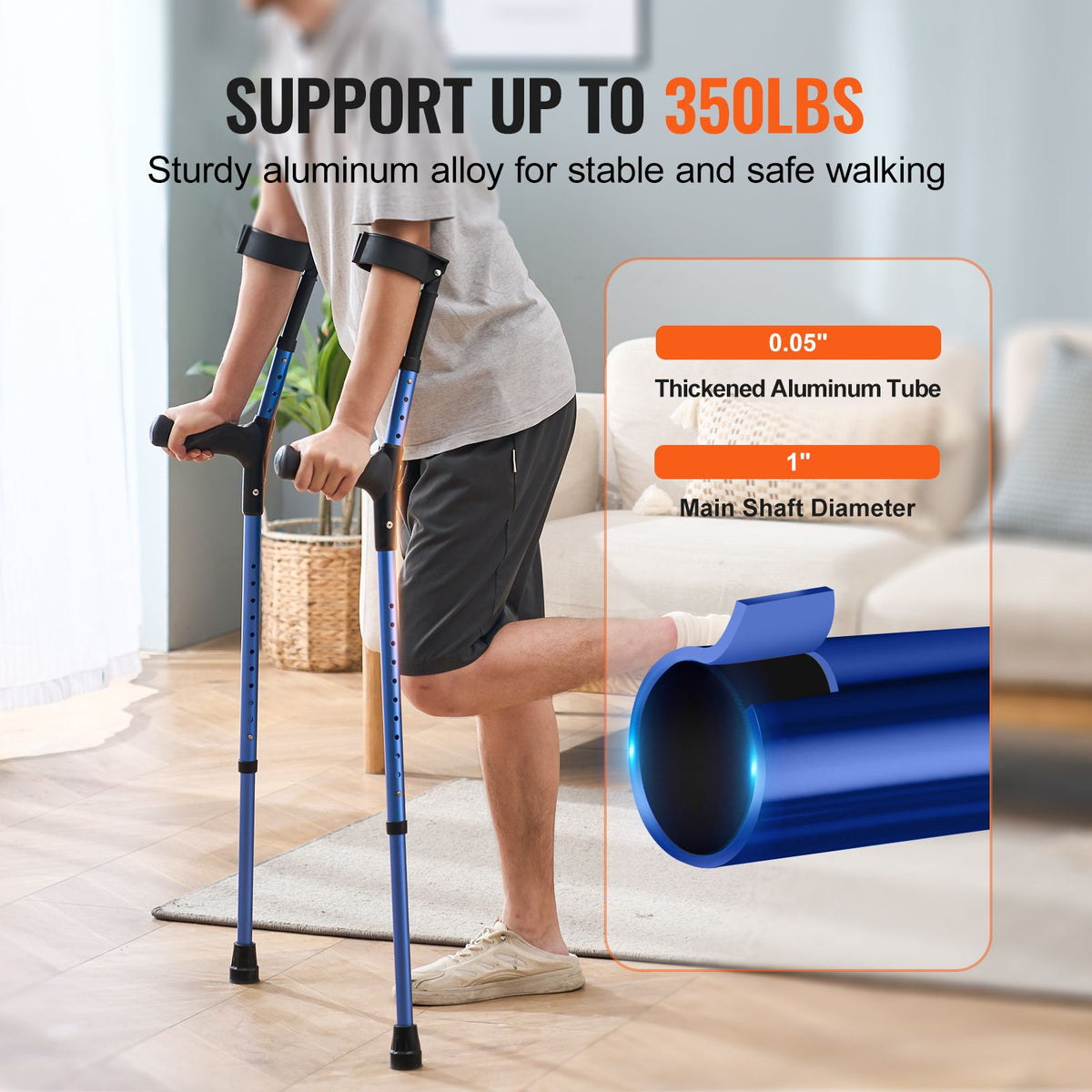 Forearm Crutches for Adults, 11-Level Height Adjustable Walking Crutches with 4-Level Upper Cuff, Lightweight Aluminum Medical Support Crutches for Leg Injury Surgery Disabled, 1 Pair (350LBS)