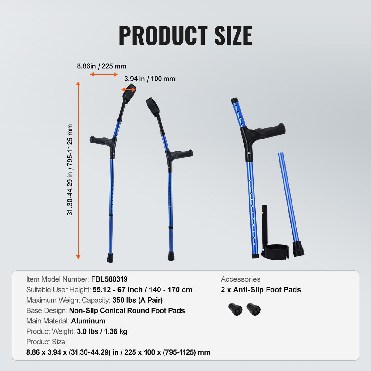 Forearm Crutches for Adults, 11-Level Height Adjustable Walking Crutches with 4-Level Upper Cuff, Lightweight Aluminum Medical Support Crutches for Leg Injury Surgery Disabled, 1 Pair (350LBS)