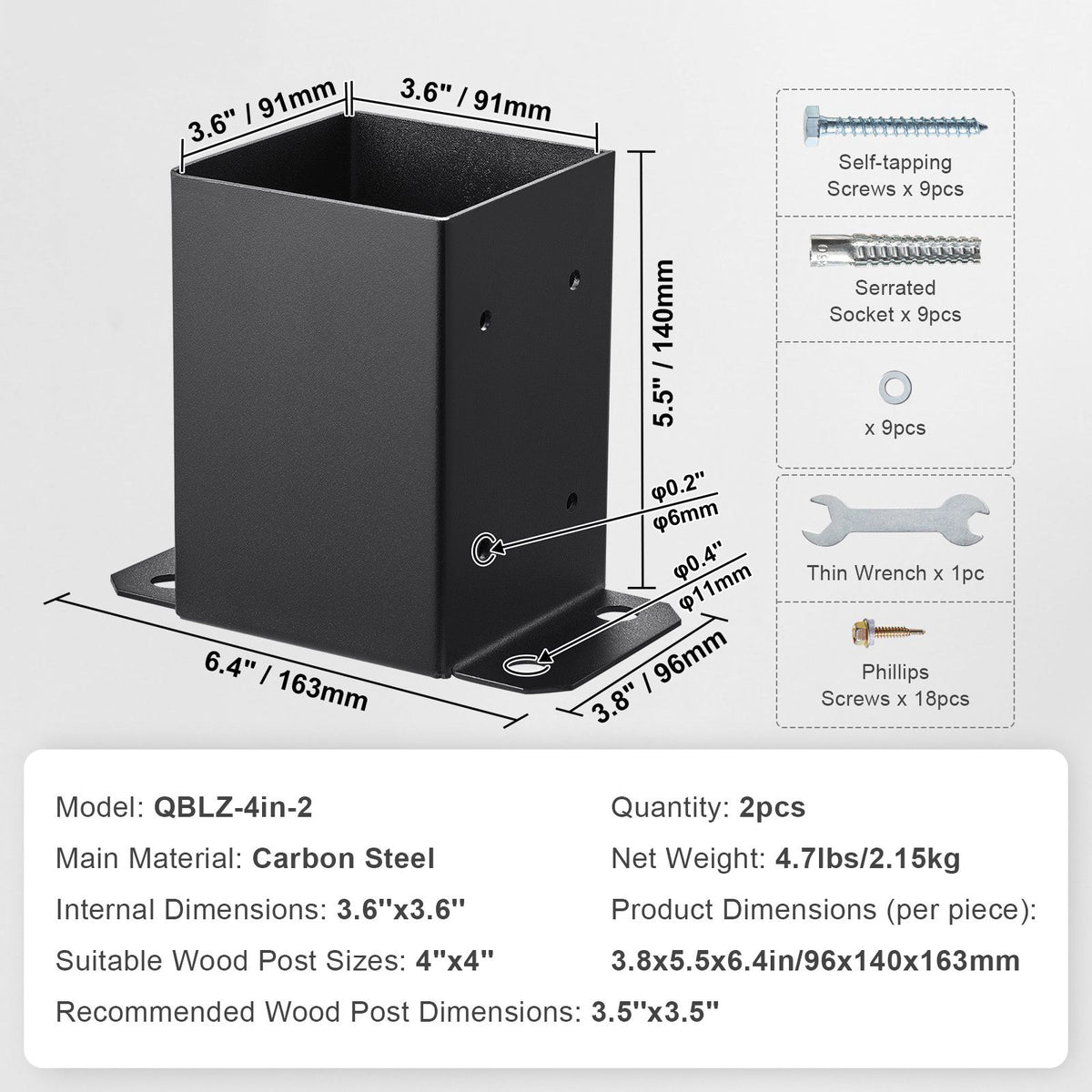 101.6x101.6mm Post Base 2 Pcs, Inner Size 91x91 Post Base Brackets, Heavy Duty Powder-Coated Post Anchor Matte Black Wood Post Brackets for Pavilion Deck Railing Support Deck Base Plate