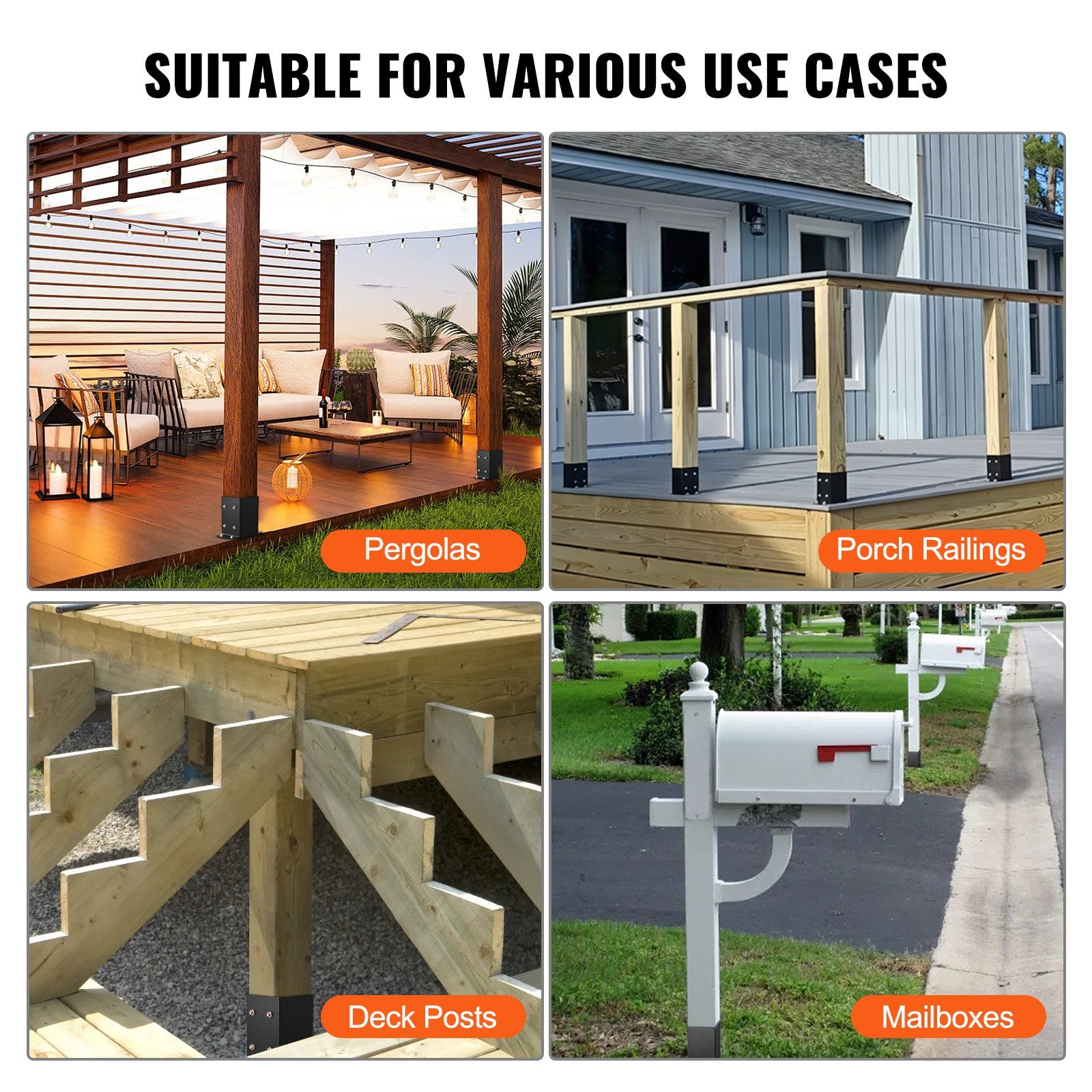 Canopies & Gazebos: VEVOR 101.6x101.6mm Post Base 4 Pcs, Inner Size 91x91 Post Base Brackets, Heavy Duty Powder-Coated Post Anchor Matte Black Wood Post Brackets for Pavilion Deck Railing Support Deck Base Plate
