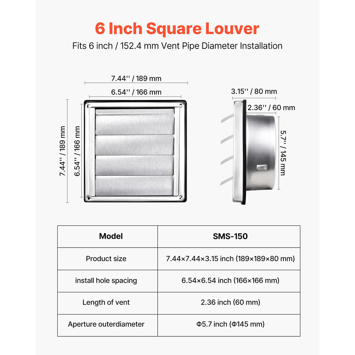 145mm Wall Vent Cover, Louvered Square AC Vent Gable Cover, Premium Stainless Steel & with Noise Reducing Rubber Gasket, for House,Bathroom,Garage,Kitchen,Basement (1 Pack, Silver)