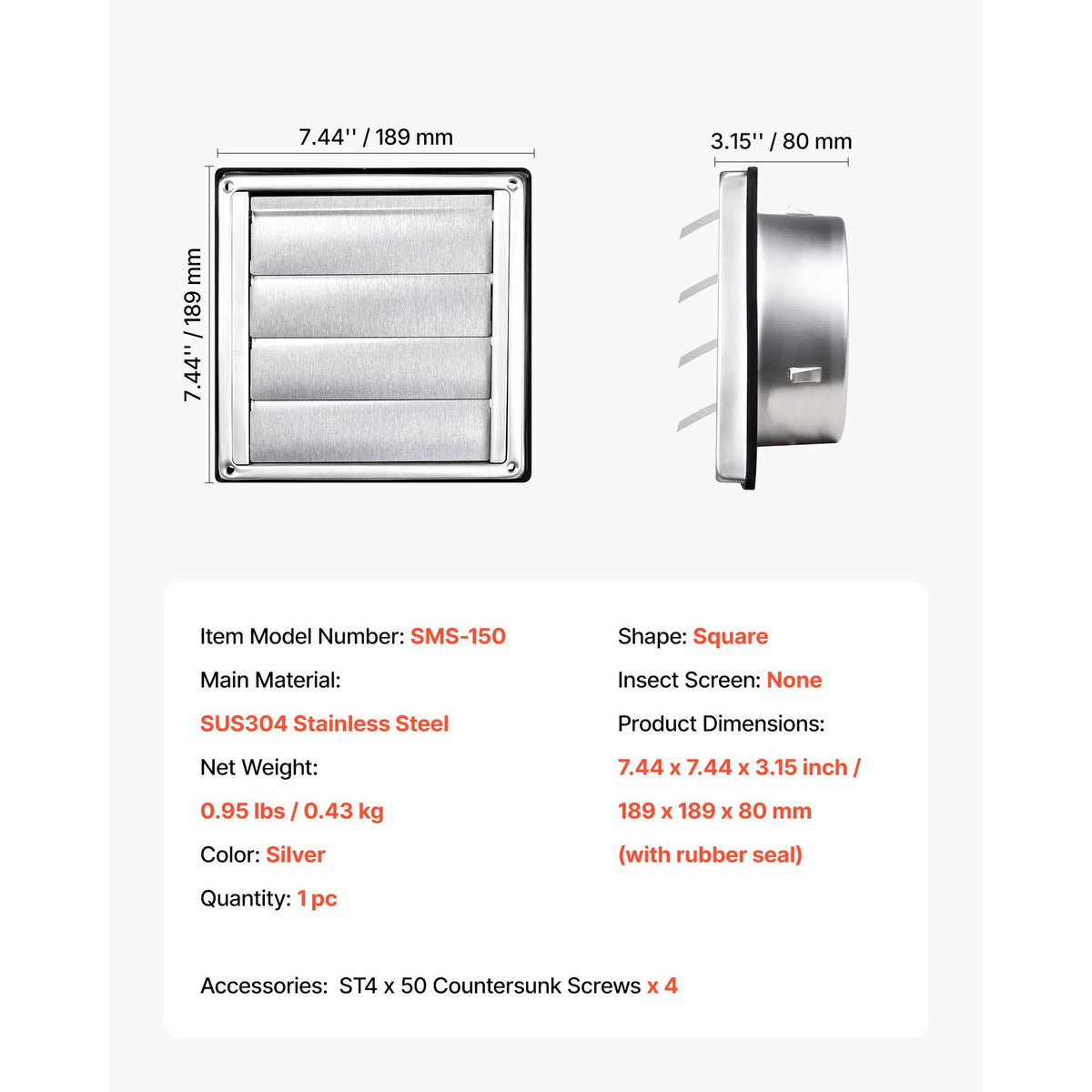 145mm Wall Vent Cover, Louvered Square AC Vent Gable Cover, Premium Stainless Steel & with Noise Reducing Rubber Gasket, for House,Bathroom,Garage,Kitchen,Basement (1 Pack, Silver)