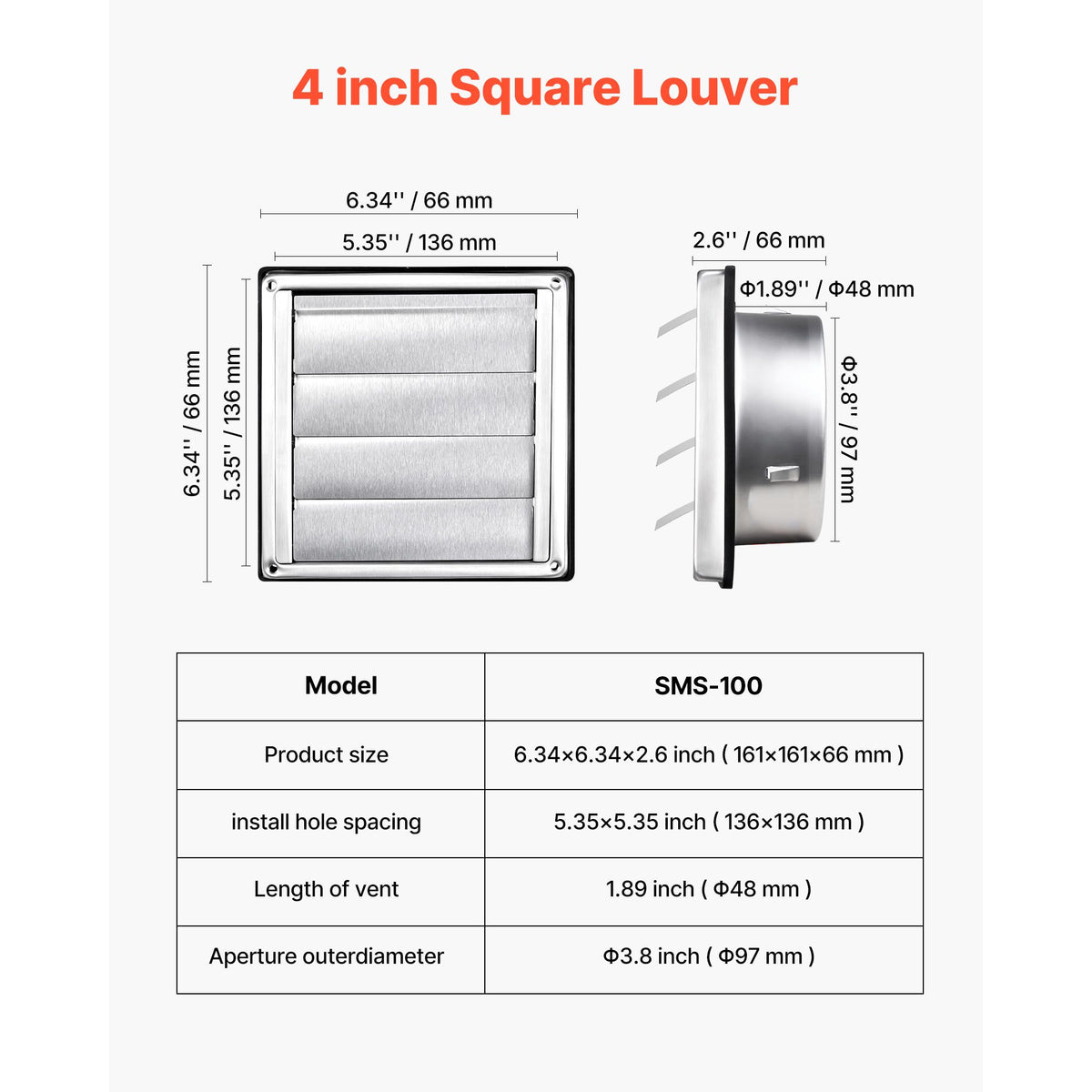 97mm Wall Vent Cover, Louvered Square AC Vent Gable Cover, Premium Stainless Steel & with Noise Reducing Rubber Gasket, for House,Bathroom,Garage,Kitchen,Basement (1 Pack, Silver)