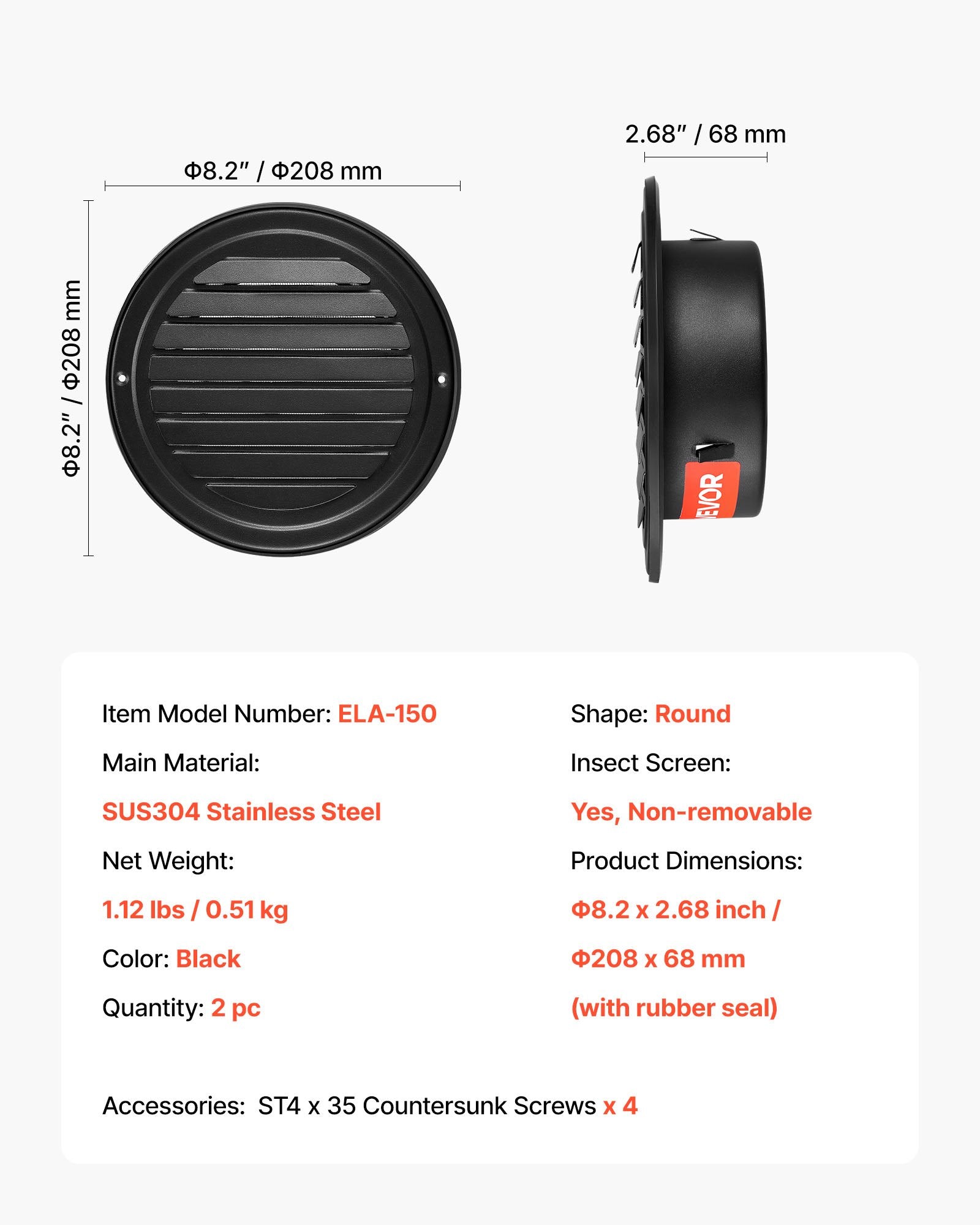 Automotive Repair & Speciality Tools: VEVOR 145 mm Wall Vent Cover, Louvered Round AC Vent Gable Cover, Premium Stainless Steel & with Built-in a Protection Screen, for House,Bathroom,Garage,Kitchen,Basement (2 Pack, Black)