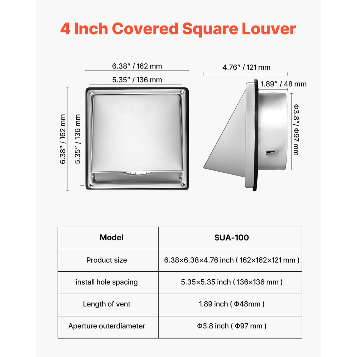 97mm External Extractor Wall Vent Cover, Square AC Vent Gable Cover, Premium Stainless Steel & with Built-in a Protection Screen, for House,Bathroom,Garage,Kitchen,Basement (1 Pack, Silver)