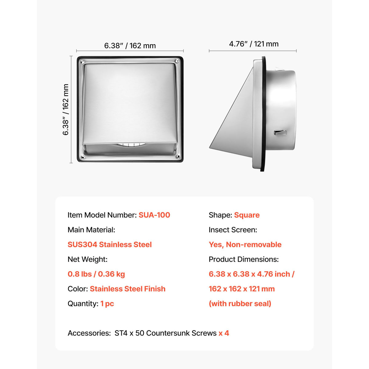 97mm External Extractor Wall Vent Cover, Square AC Vent Gable Cover, Premium Stainless Steel & with Built-in a Protection Screen, for House,Bathroom,Garage,Kitchen,Basement (1 Pack, Silver)