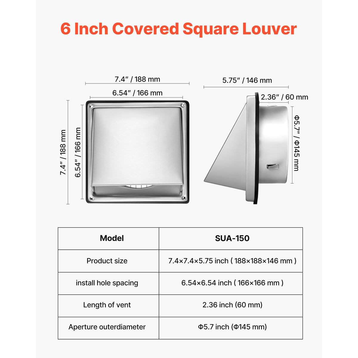 145 mm External Extractor Wall Vent Cover, Square AC Vent Gable Cover, Premium Stainless Steel & with Built-in a Protection Screen, for House,Bathroom,Garage,Kitchen,Basement (1 Pack, Silver)