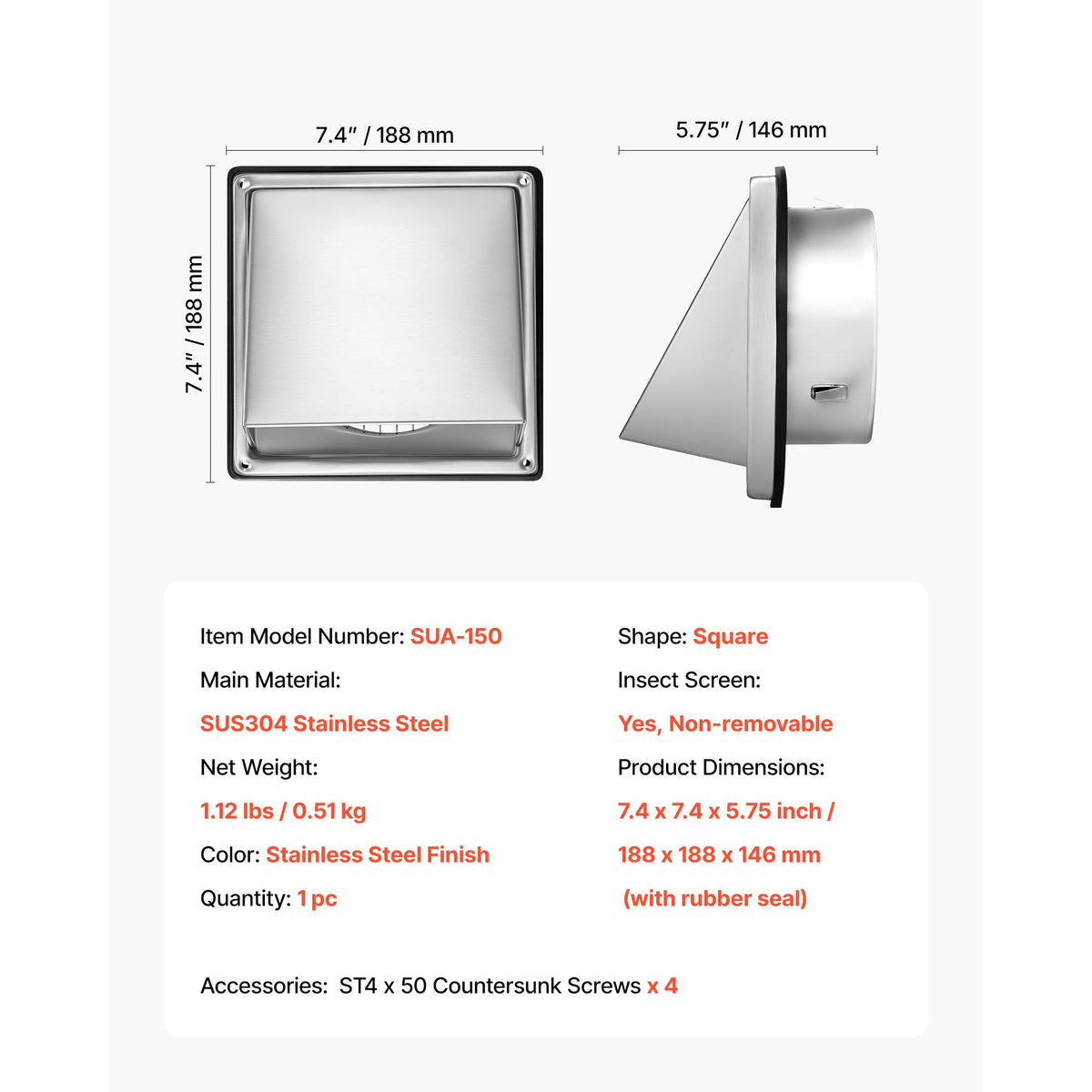 145 mm External Extractor Wall Vent Cover, Square AC Vent Gable Cover, Premium Stainless Steel & with Built-in a Protection Screen, for House,Bathroom,Garage,Kitchen,Basement (1 Pack, Silver)