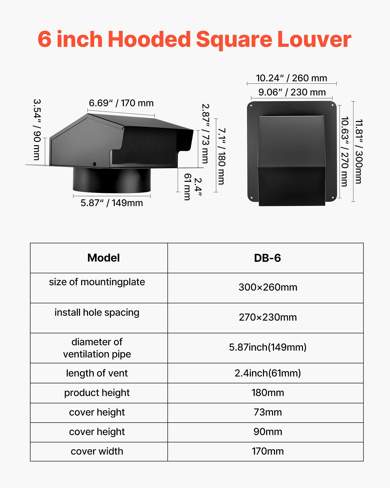 Automotive Repair & Speciality Tools: VEVOR 149 mm Hooded Wall Vent Cover SPCC Steel Roof Exhaust 1 Pack Black