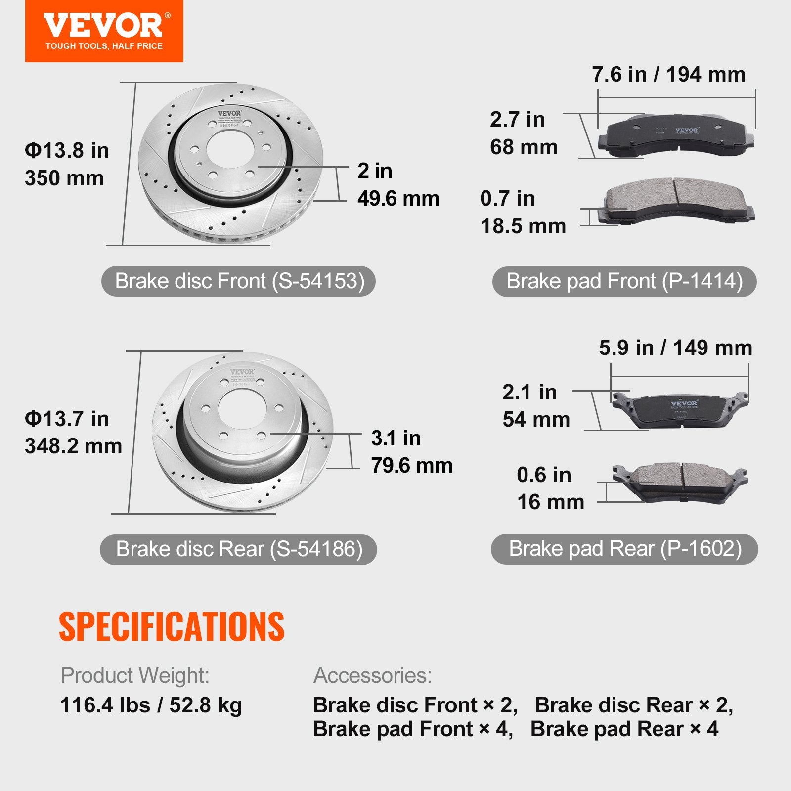 Automotive Repair & Speciality Tools: VEVOR Front and Rear Brake Kit Compatible with 2012-2020 Ford F-150(MPB Only), Drilled and Slotted Brake Rotors Ceramic Brake Pads Replacement, 13.8" Front Rotors 13.7" Rear Rotors