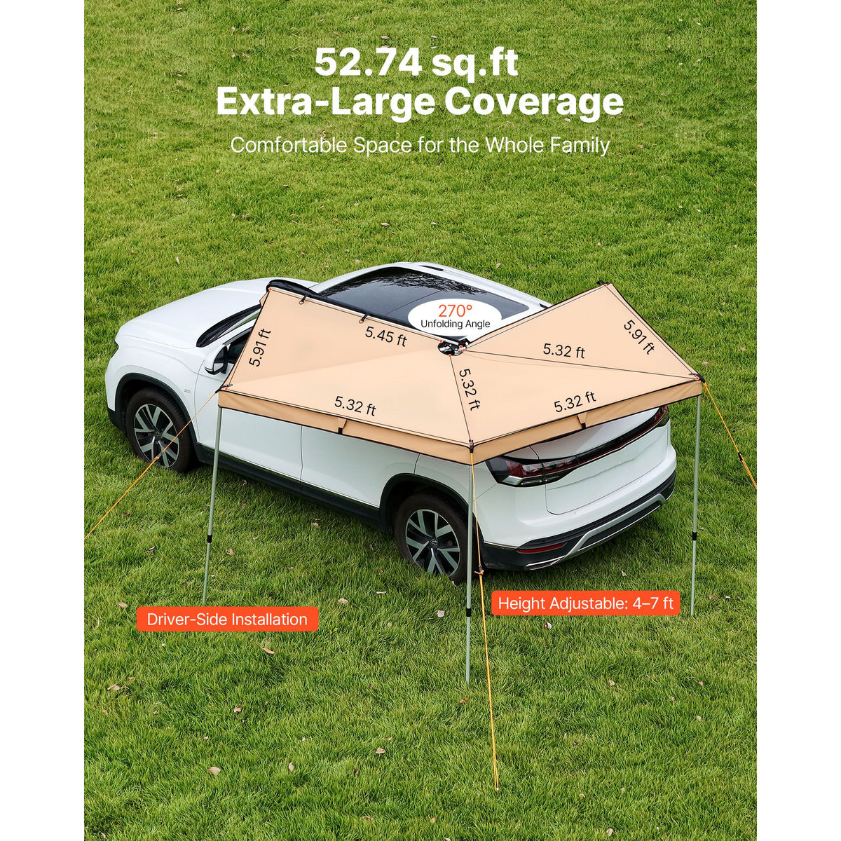 270 Degree Awning, 4.9 ㎡ Driver Side Vehicle Awning, Waterproof UV50+ Car Side Awnings with Carry Bag, All-Weather Free-Standing Overland Awnings Car Shelter for SUV Van Truck Camping