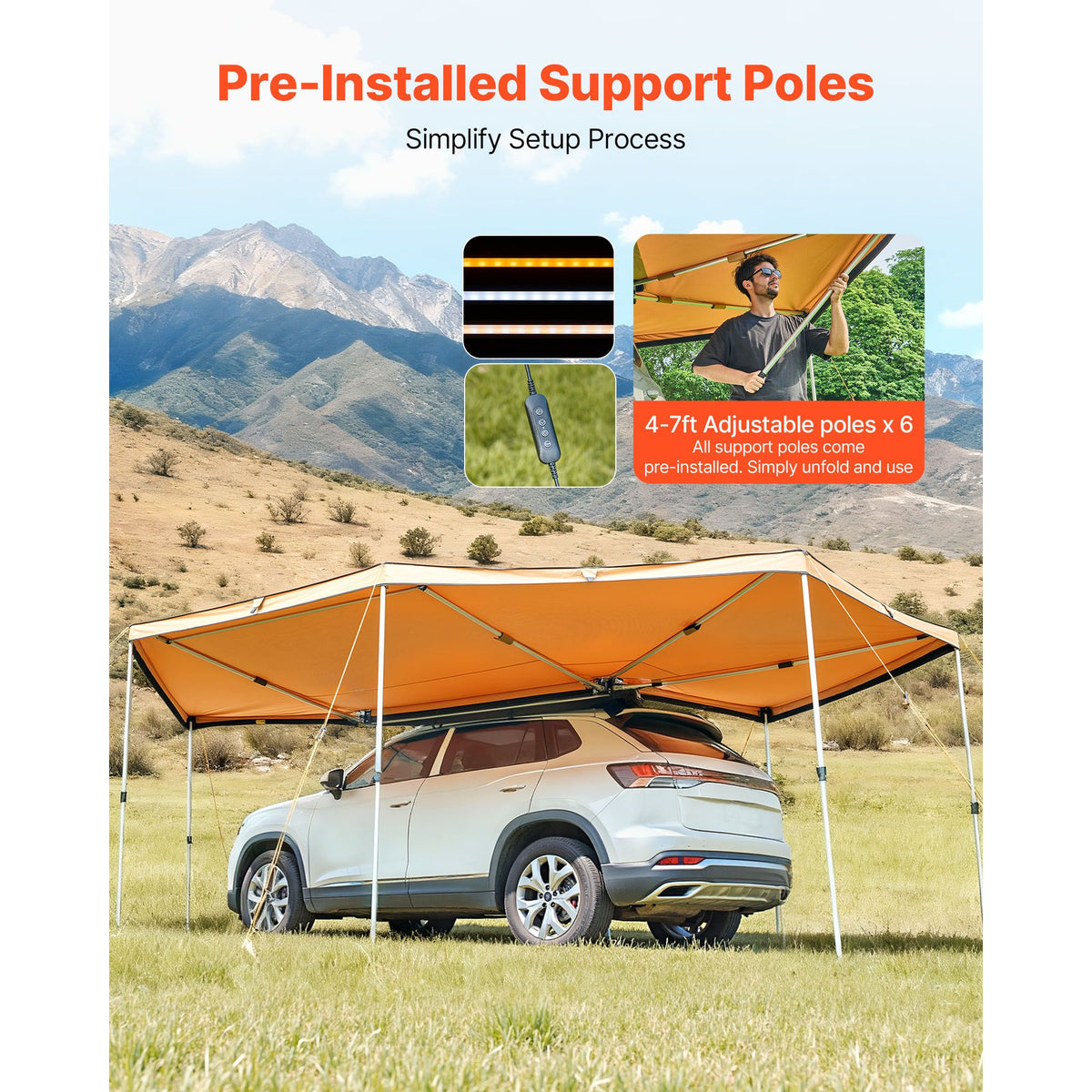 270 Degree Awning with Bulit-in LED Lights, 10.9 ㎡ Driver Side Vehicle Awning, Waterproof UV50+ Car Side Awnings, All-Weather Free-Standing Overland Awnings Car Shelter for SUV Truck Camping