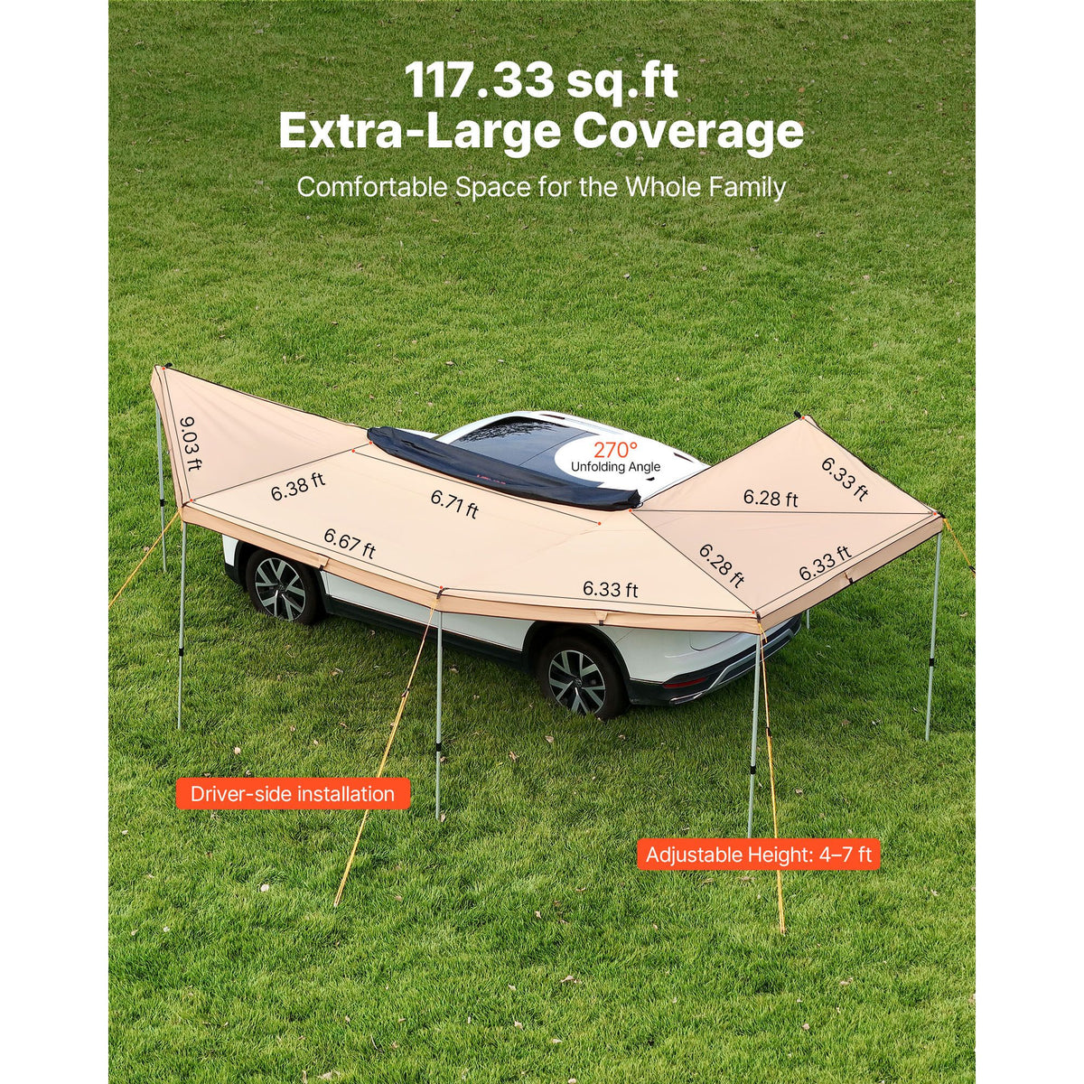 270 Degree Awning with Bulit-in LED Lights, 10.9 ㎡ Driver Side Vehicle Awning, Waterproof UV50+ Car Side Awnings, All-Weather Free-Standing Overland Awnings Car Shelter for SUV Truck Camping