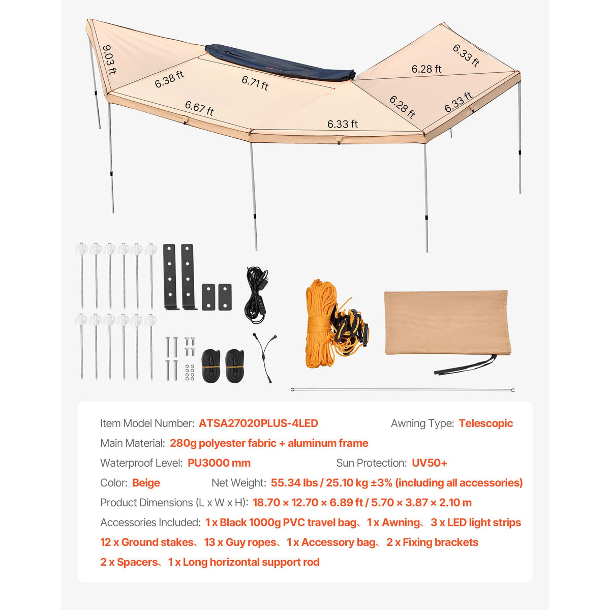 270 Degree Awning with Bulit-in LED Lights, 10.9 ㎡ Driver Side Vehicle Awning, Waterproof UV50+ Car Side Awnings, All-Weather Free-Standing Overland Awnings Car Shelter for SUV Truck Camping