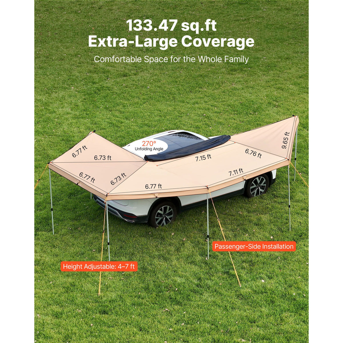 270 Degree Awning, 12.4 ㎡ Driver Side Vehicle Awning, Waterproof UV50+ Car Side Awnings with Carry Bag, All-Weather Free-Standing Overland Awnings Car Shelter for SUV Van Truck Camping