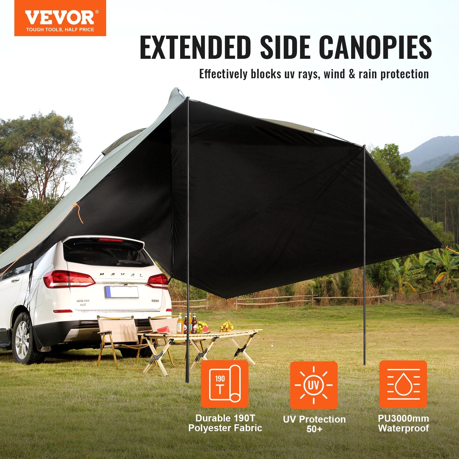 Awnings: VEVOR Vehicle Awning, Large 10' x 7' Shade Coverage Car Side Awning, PU2000mm UV50+ Car Awning with Extended Side Canopies and Portable Storage Bag, Suitable for Truck, SUV, Van, Campers