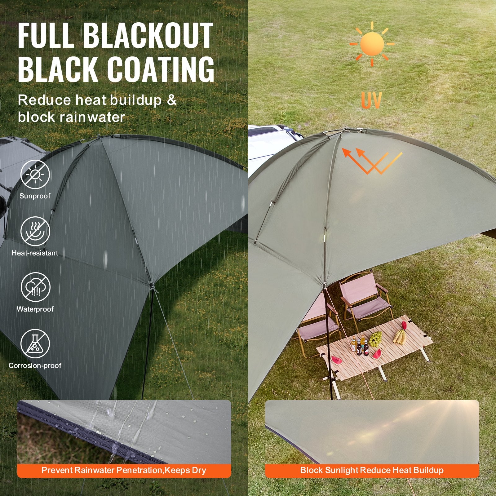 Awnings: VEVOR Vehicle Awning, Large 10' x 7' Shade Coverage Car Side Awning, PU2000mm UV50+ Car Awning with Extended Side Canopies and Portable Storage Bag, Suitable for Truck, SUV, Van, Campers