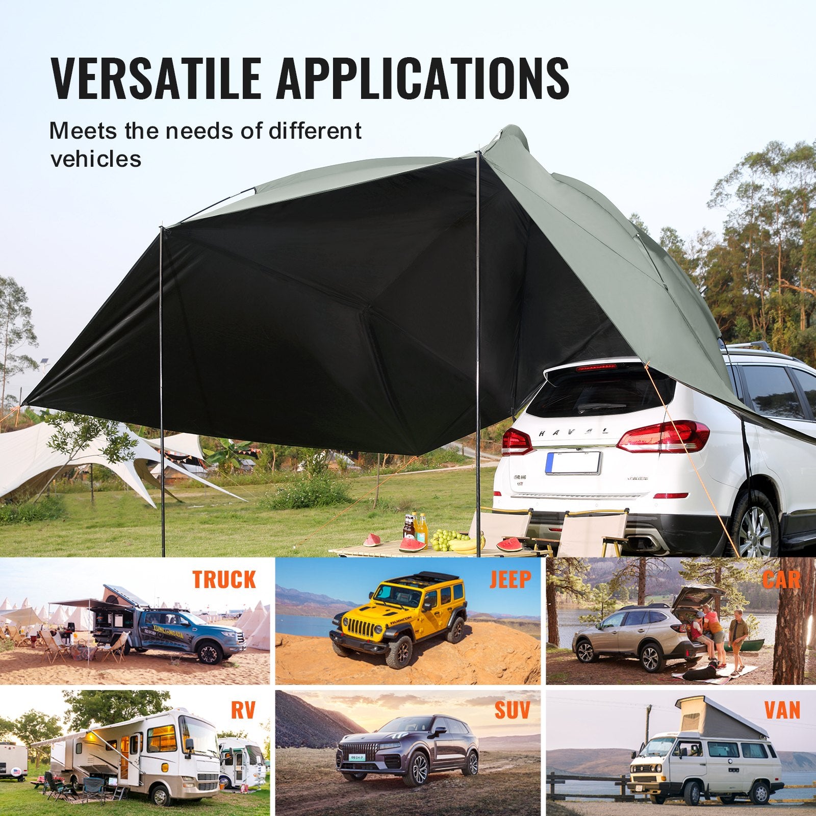 Awnings: VEVOR Vehicle Awning, Large 10' x 7' Shade Coverage Car Side Awning, PU2000mm UV50+ Car Awning with Extended Side Canopies and Portable Storage Bag, Suitable for Truck, SUV, Van, Campers