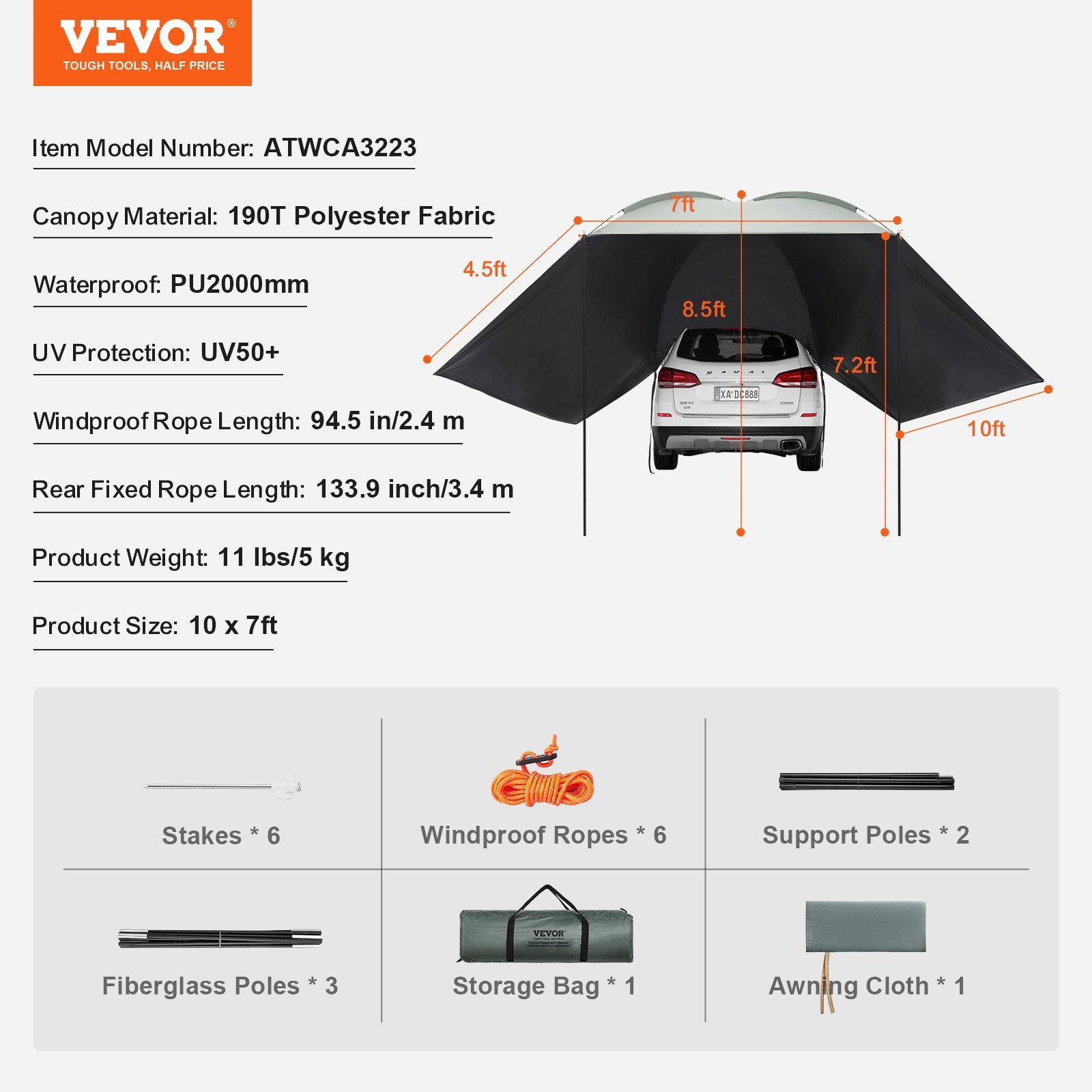 Awnings: VEVOR Vehicle Awning, Large 10' x 7' Shade Coverage Car Side Awning, PU2000mm UV50+ Car Awning with Extended Side Canopies and Portable Storage Bag, Suitable for Truck, SUV, Van, Campers